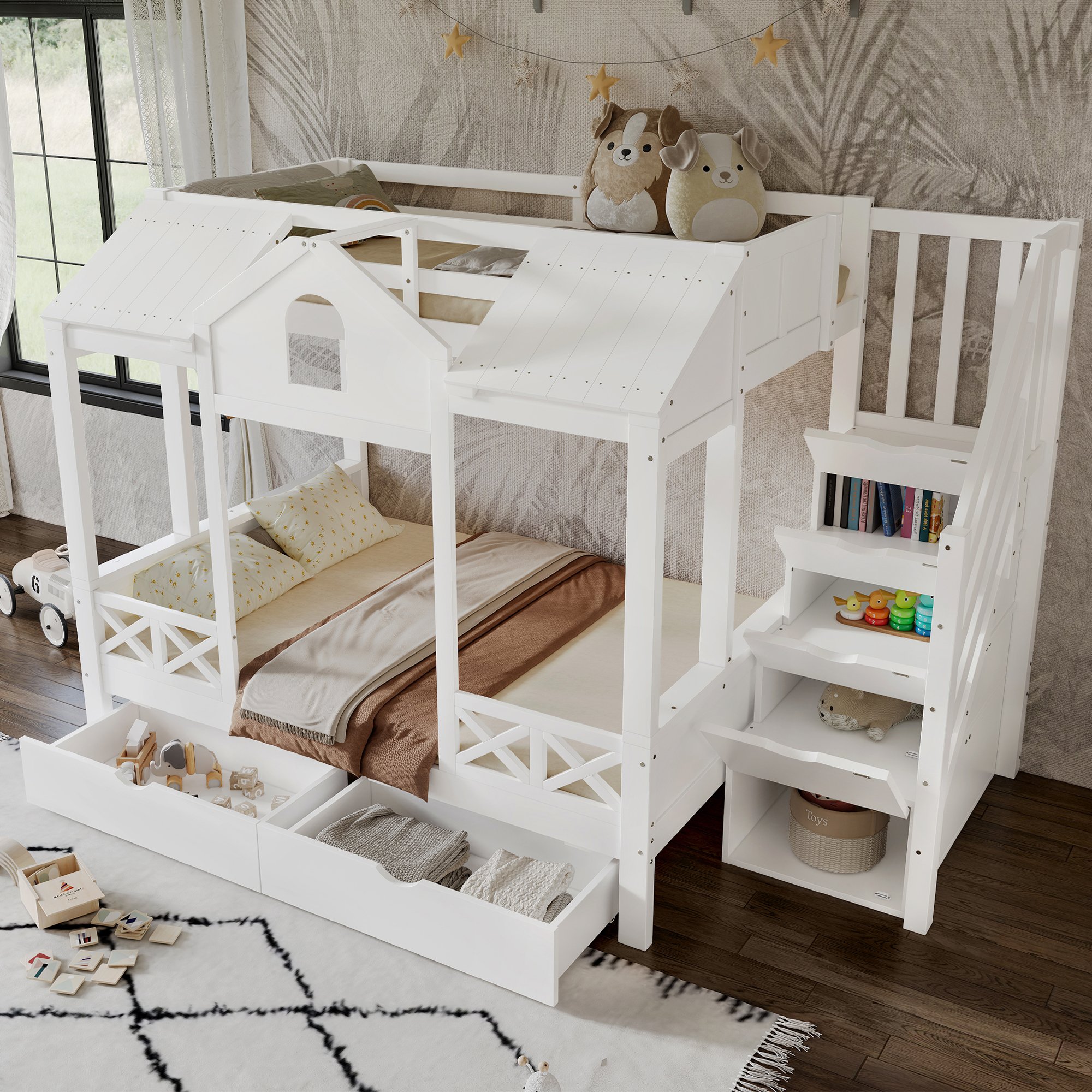 Lit superposé en pin et Panneau composite de fibres de bois à densité avec échelle et rangements, blanc, dimensions 254,5x145x170 cm, couchages 90x200 et 140x200
