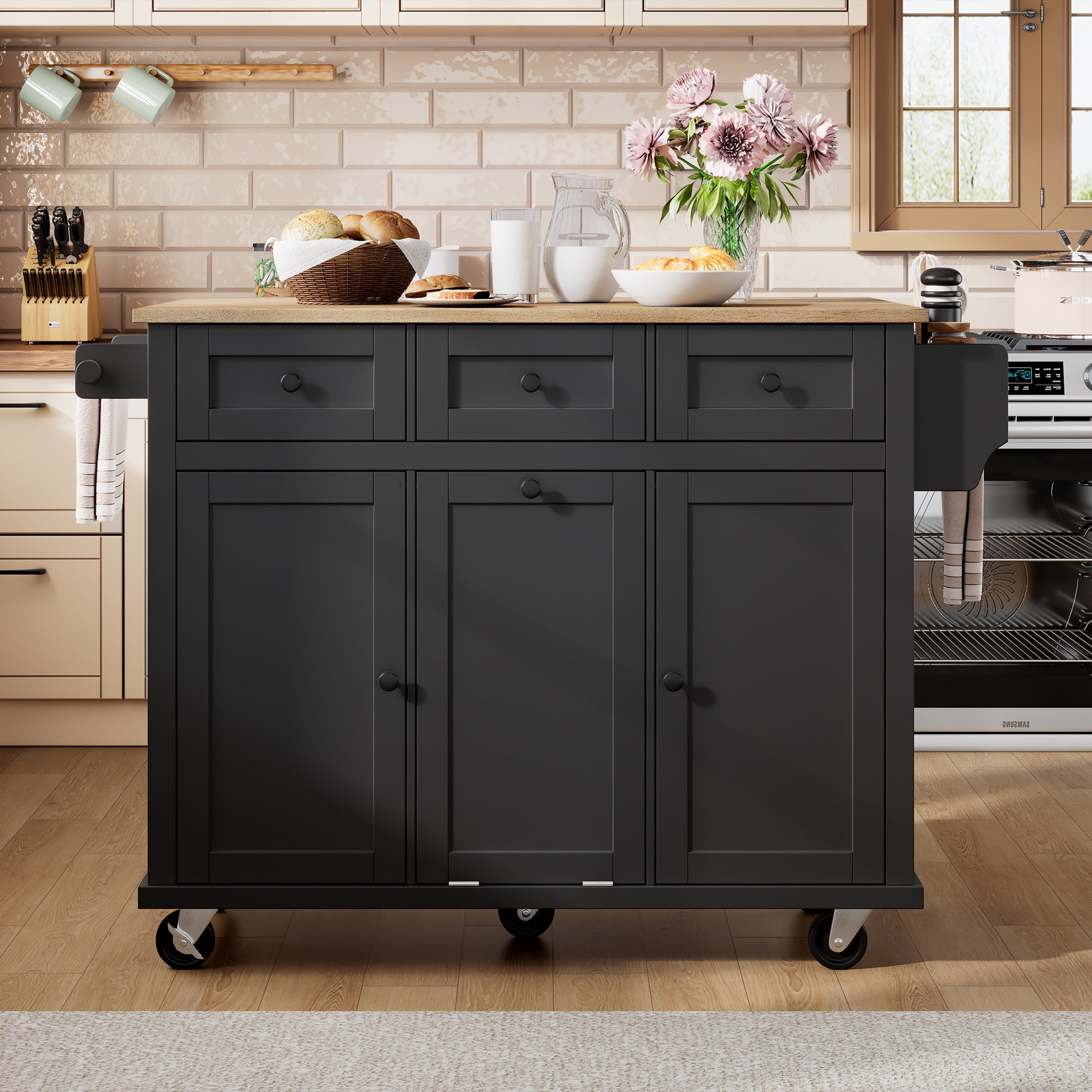 Îlot de cuisine compact 112x46-76x92,7 cm, noir et bois, rangements, tiroirs, porte-serviettes, poubelle intégrée, sur roulettes