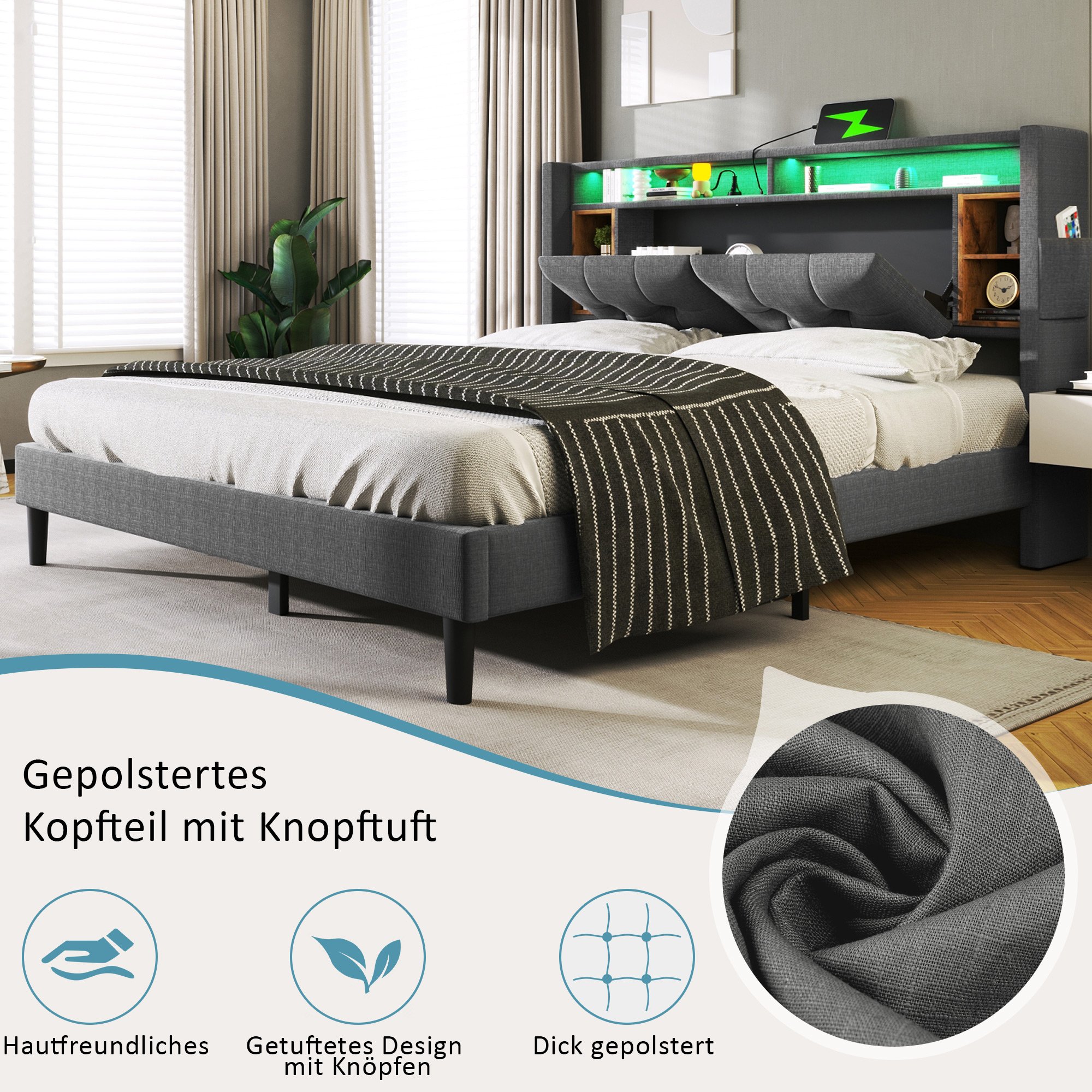 lit coffre 140x200 pour deux personnes, tête de lit avec six compartiments externes et espace de stockage central