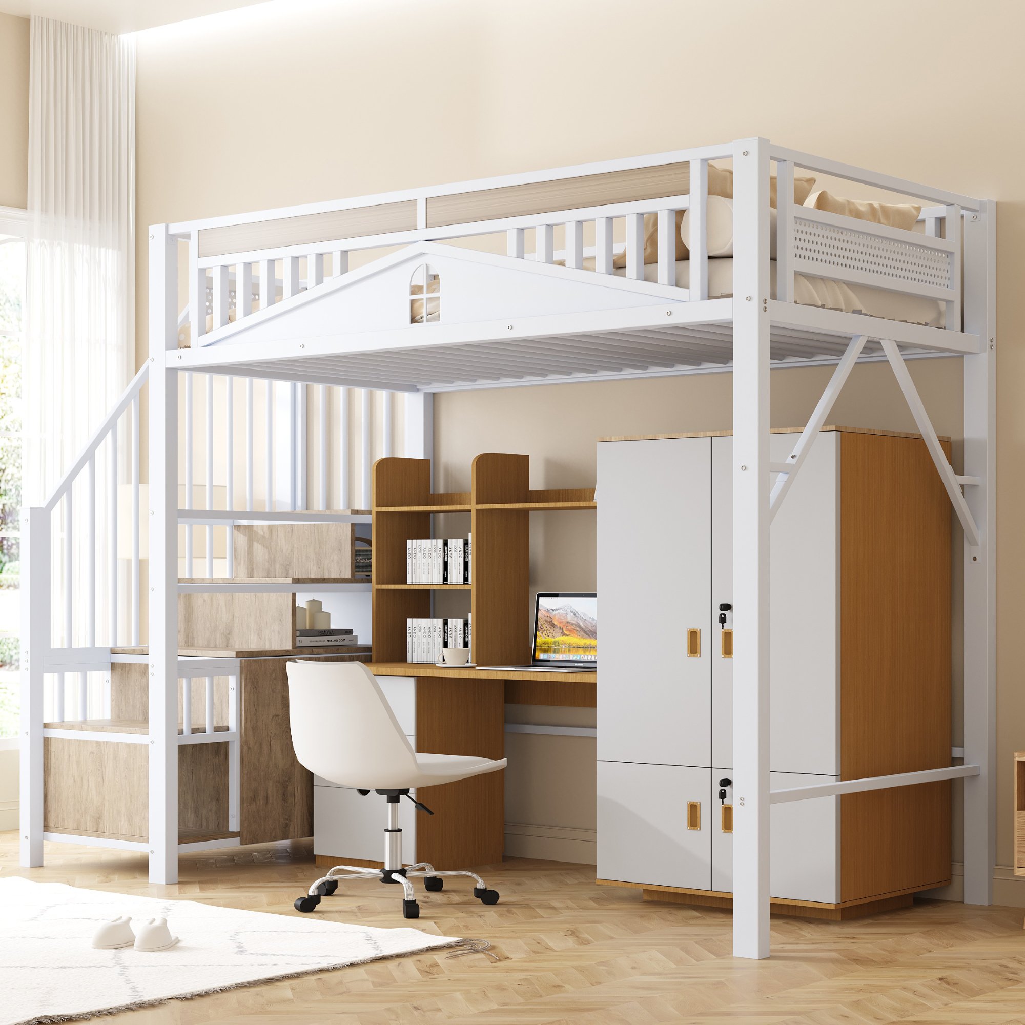 Lit mezzanine 90x200 cm en métal blanc avec échelle sécurisée et rangement intégré
