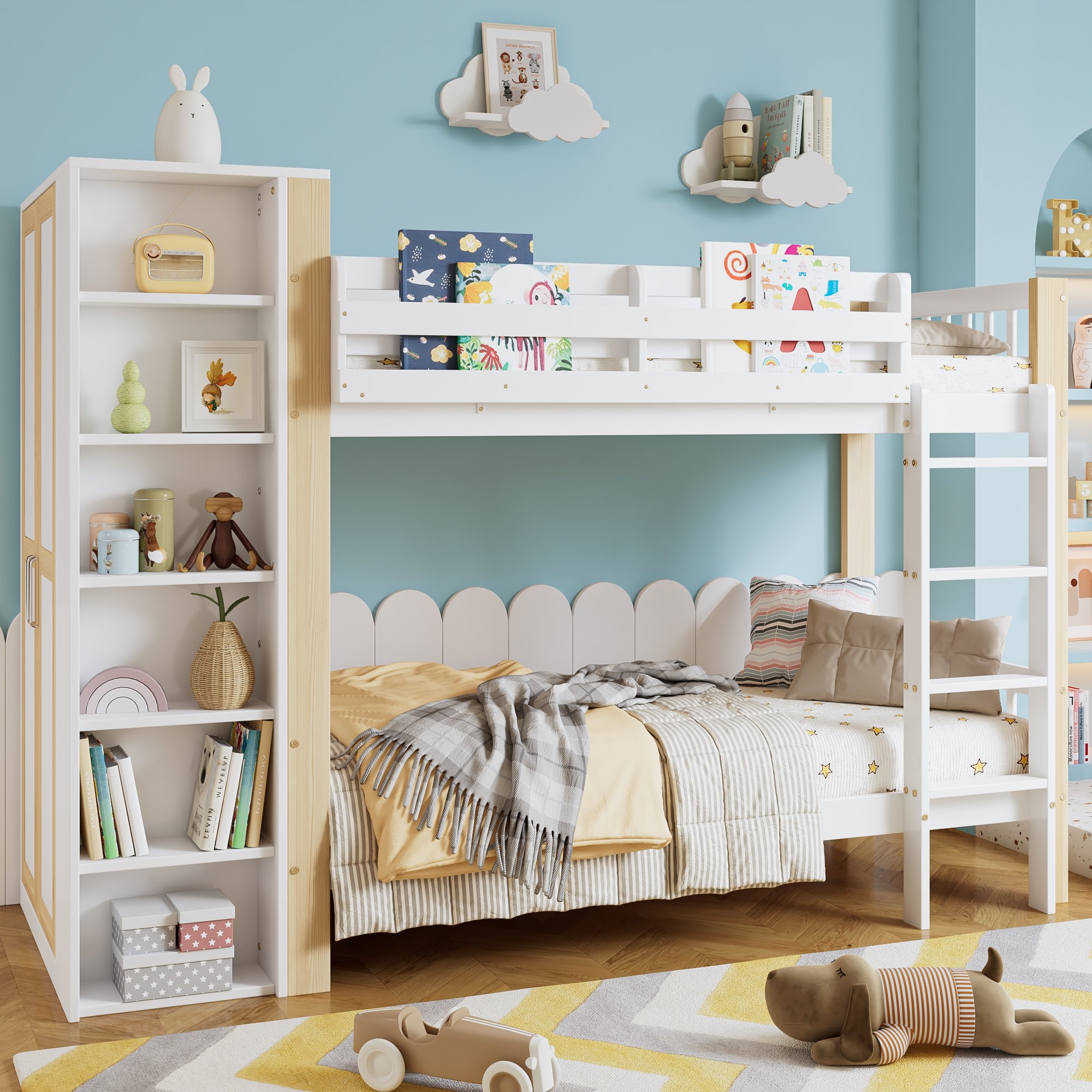 Lit superposé enfant 90x200 cm avec échelle, rangements et penderie, blanc et naturel