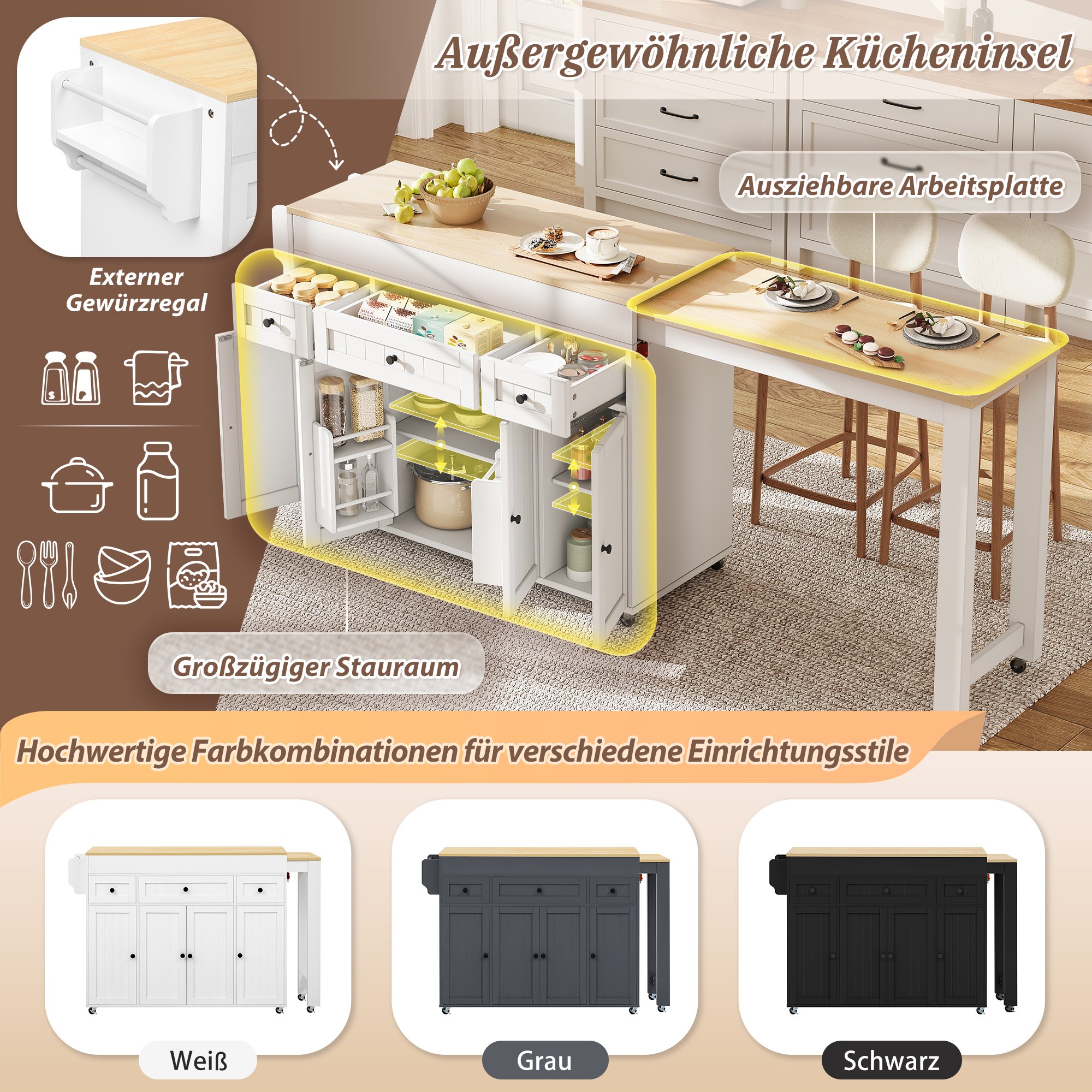 Îlot de cuisine blanc sur roulettes avec plan de travail extensible, rangements et étagère à épices, en Panneau composite de fibres de bois à densité et bois naturel