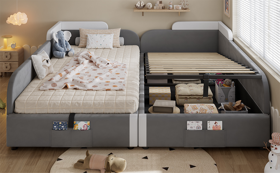 Lit coffre 90x200 cm pour enfant avec rangement hydraulique et barrière, velours gris