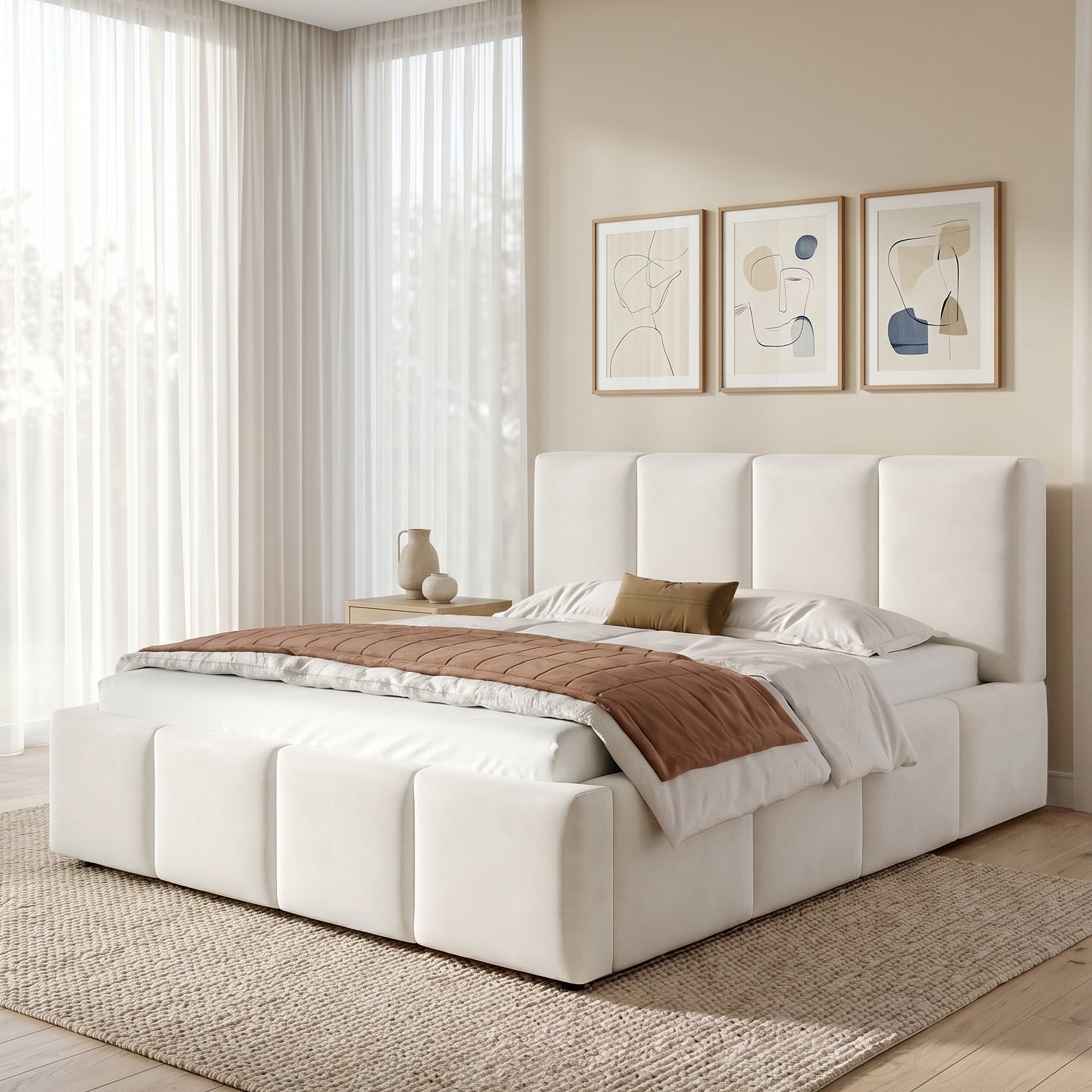 Lit capitonné 180x200 beige en velours chenille doux et résistant, design minimaliste avec rayures verticales et cadre stable