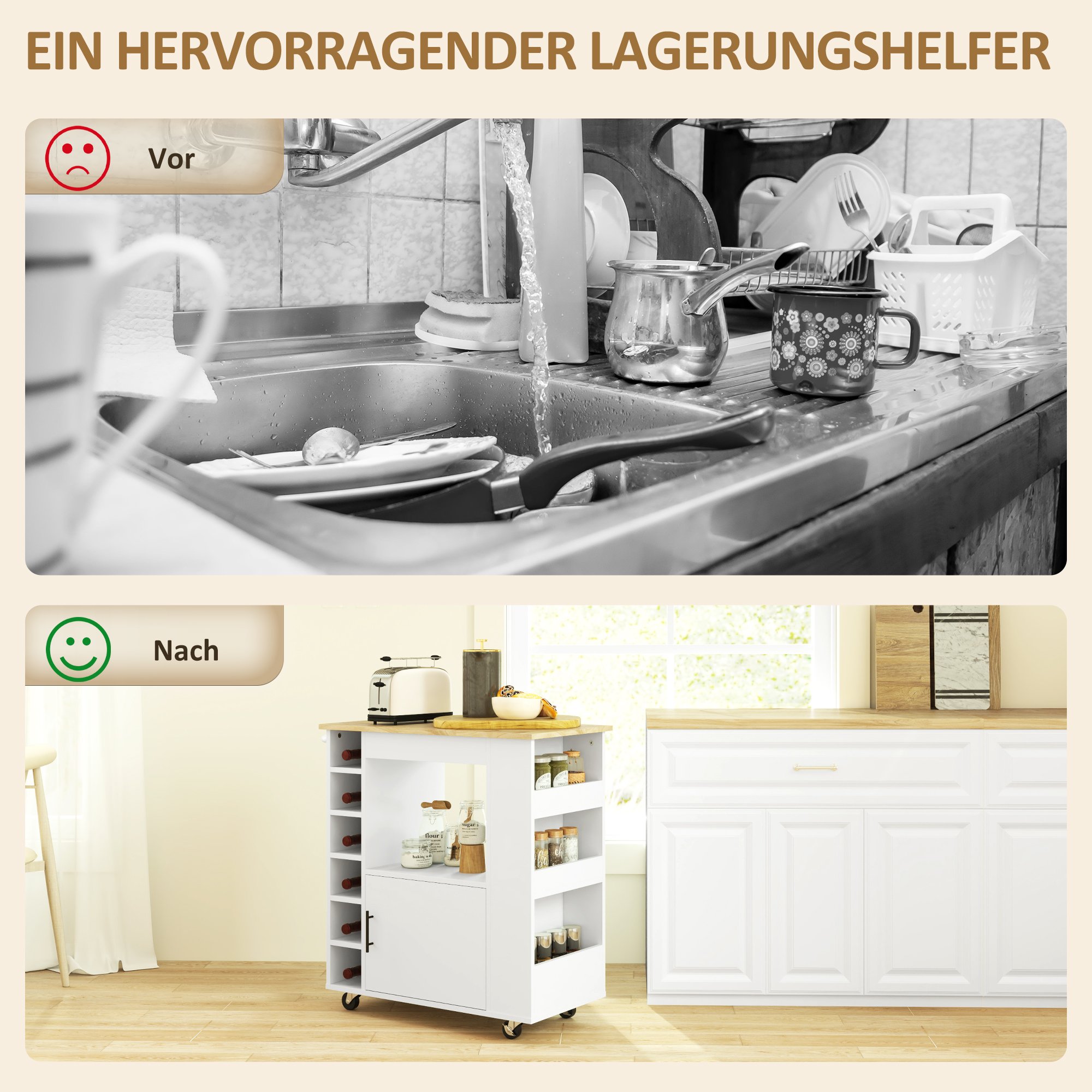 Îlot de cuisine 83x40x83 cm avec rangements, porte-bouteilles et plan de travail, chêne, sur roulettes, pour petit espace