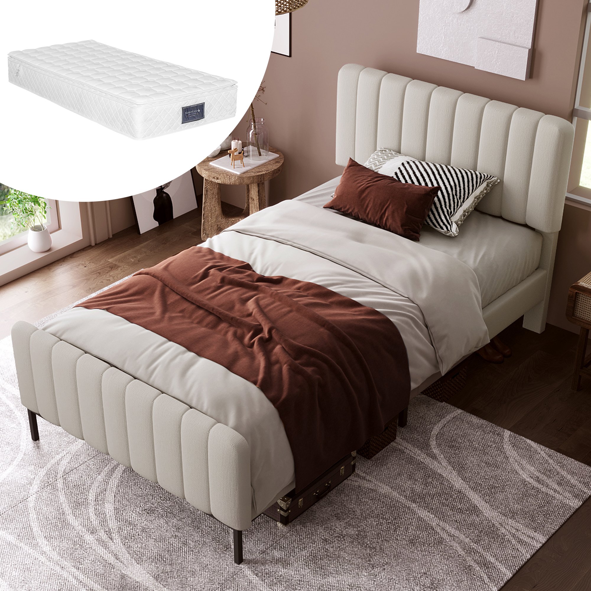 Lit rembourré 90x200 avec sommier à lattes, cadre de lit capitonné gris beige, tête de lit ajustable, lit robuste 150kg
