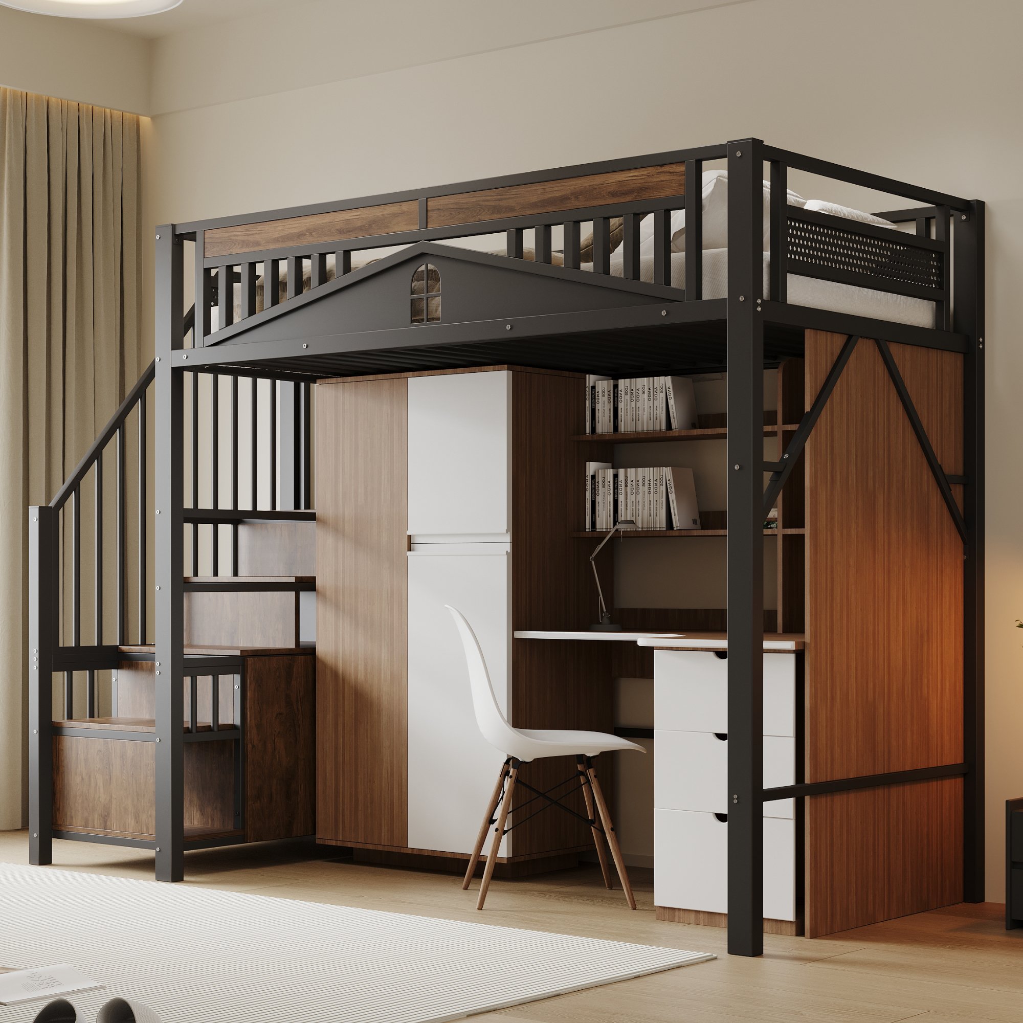 Lit mezzanine 90x200 avec escalier et rangement, métal noir, sécurité enfant