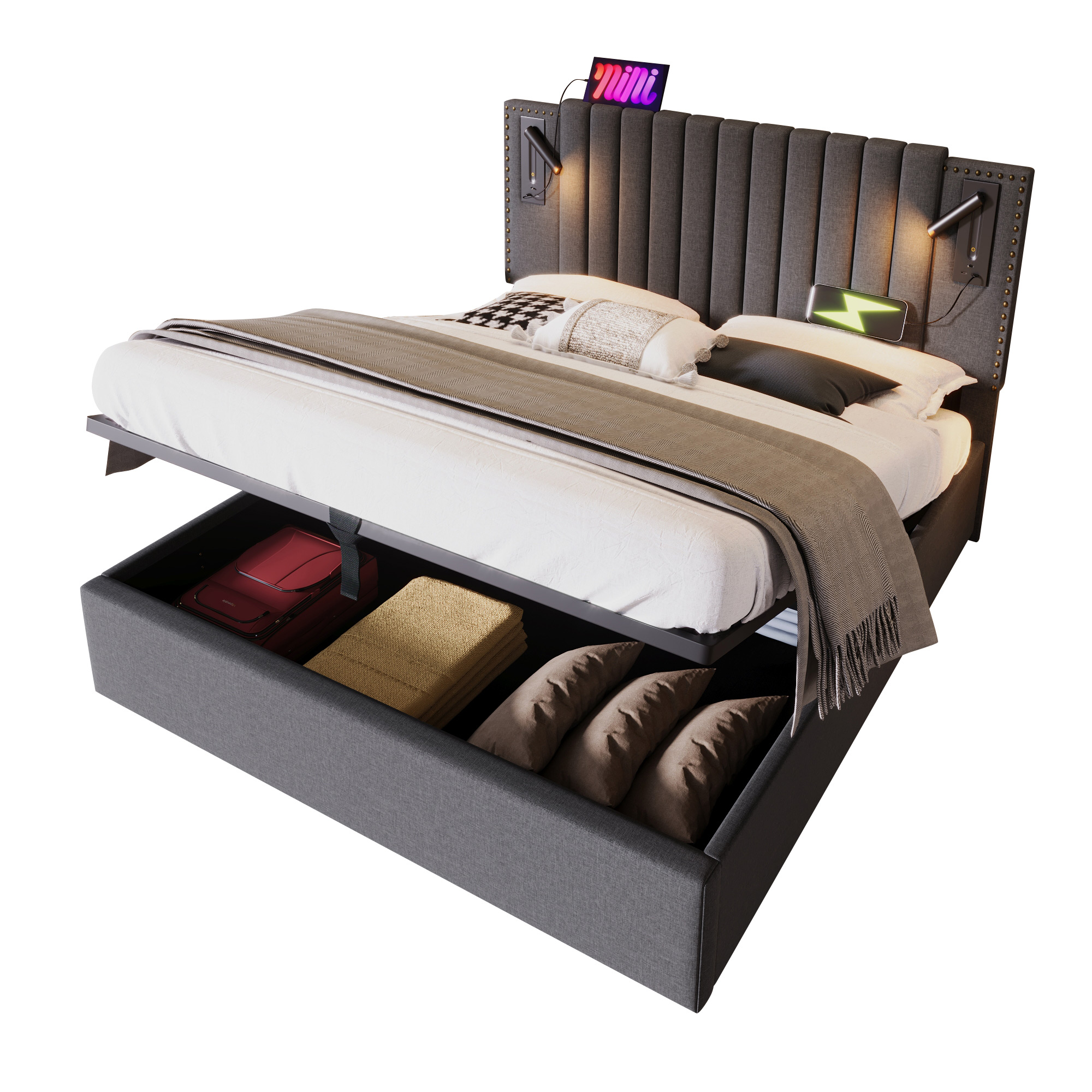 Lit coffre 140x200 gris avec LED et USB, tête de lit ajustable, rangement sous matelas