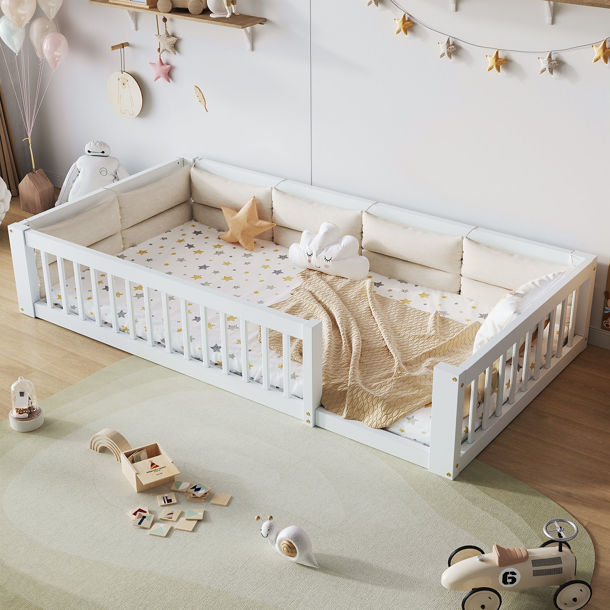 Lit plateforme 90x200 blanc avec coussin et protection latérale, à monter soi-même