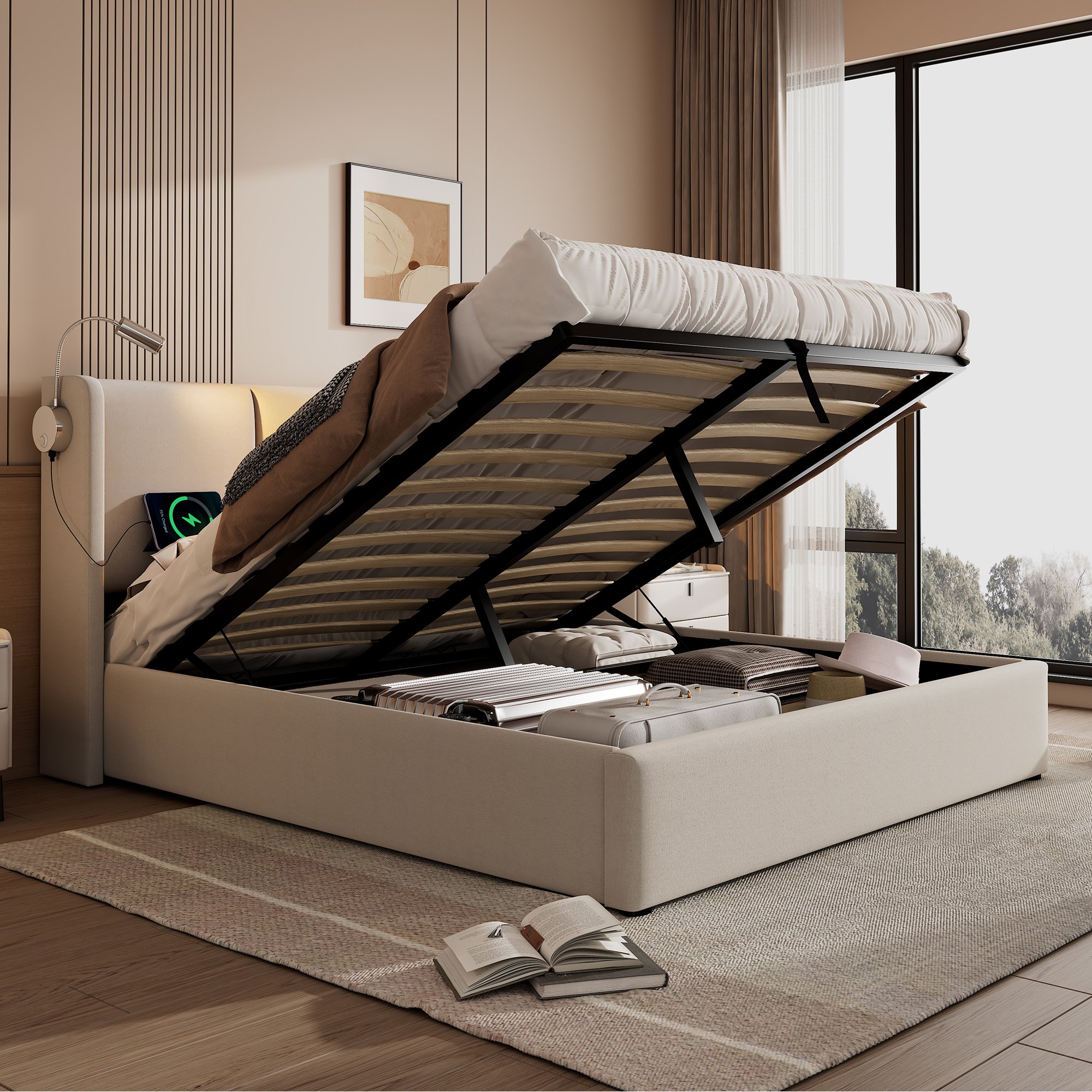 lit coffre 140x200 revêtement lin beige structure métal bois massif, tête de lit rembourrée avec lumière LED