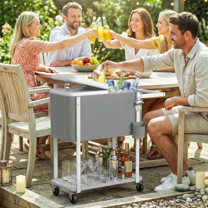 Îlot de cuisine sur roulettes avec glacière 56L, chariot de service gris, étagère de rangement, ouvre-bouteille, pour extérieur