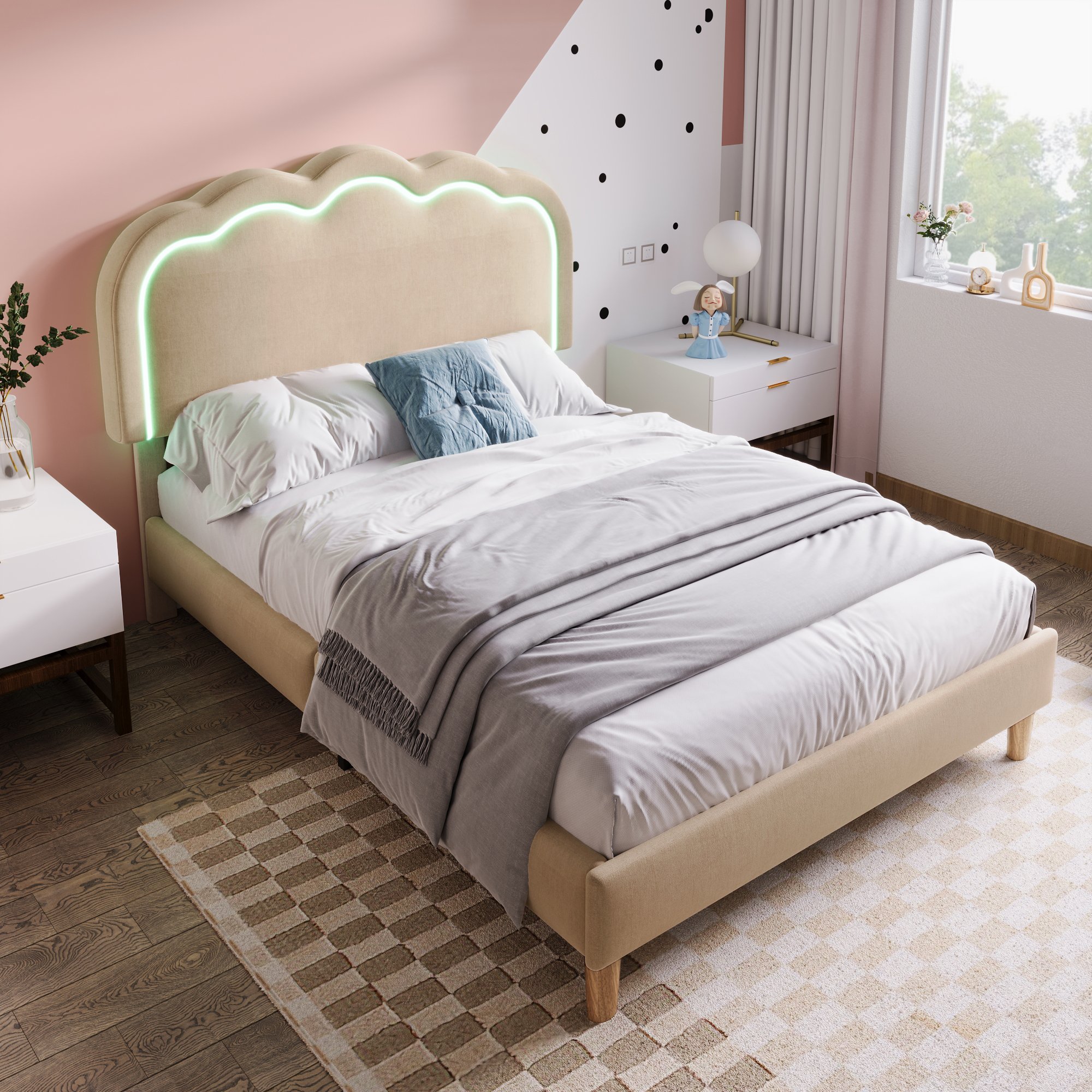 Lit LED 90x200 avec sommier à lattes, lit beige en tissu lin avec tête de lit rembourrée et réglable