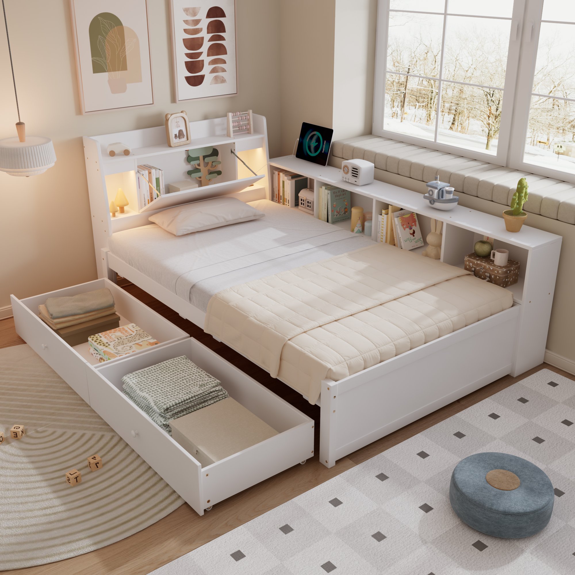 Lit coffre 90x200 blanc en pin avec rangements latéraux, tiroirs, liseuses et prise USB