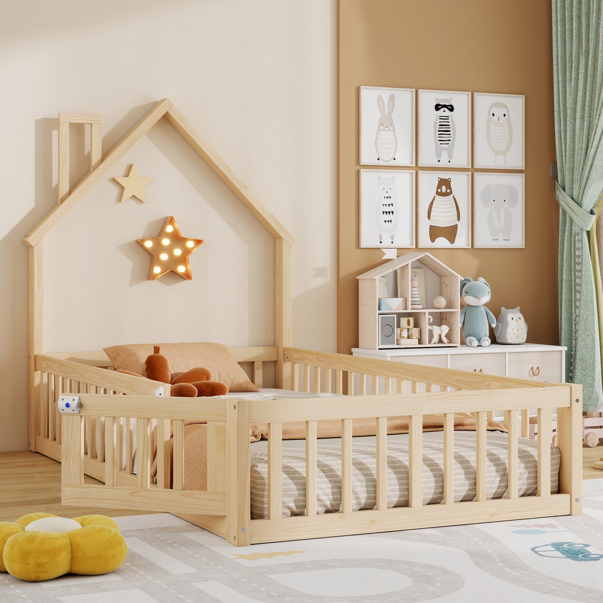 Lit cabane enfant 90x200, hauteur 147 cm, en pin naturel, avec sommier et barrière de sécurité