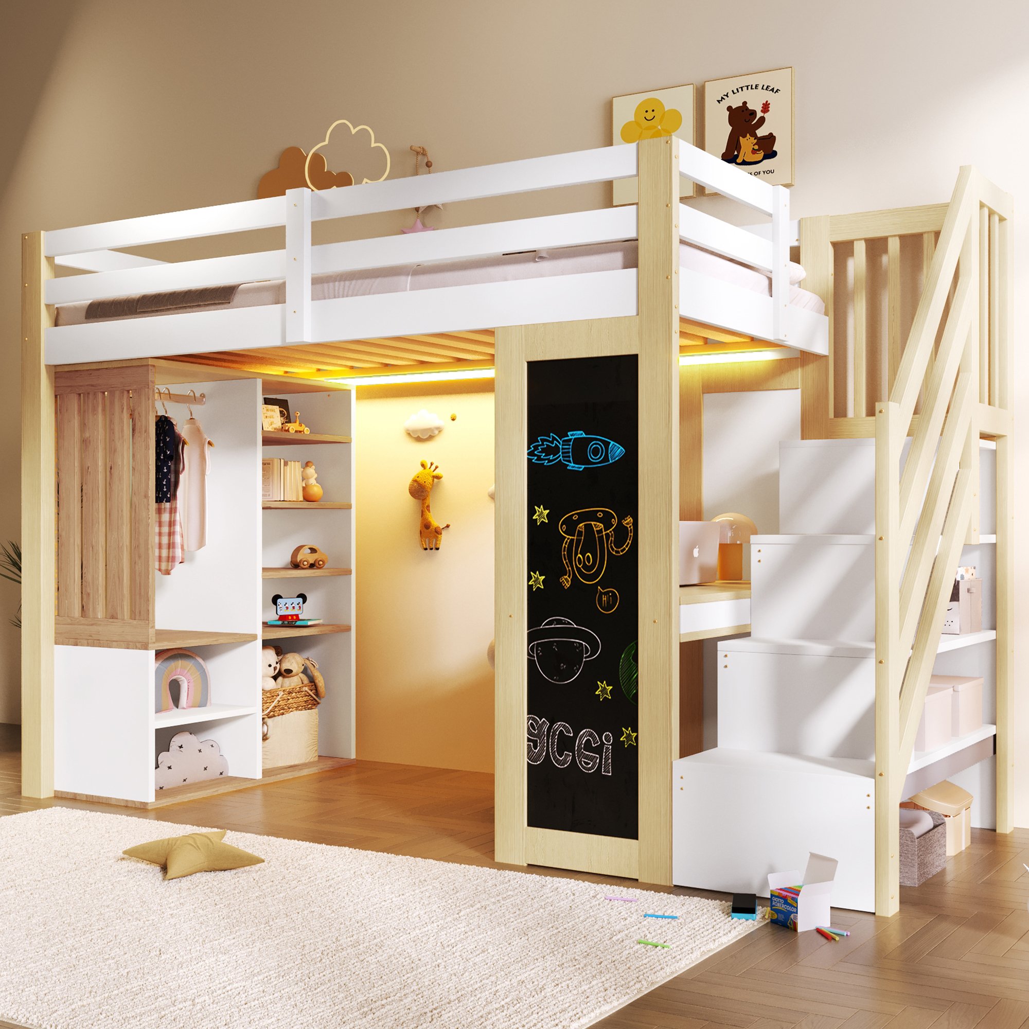 Lit mezzanine 90x200 avec bureau, rangements et échelle de stockage, blanc et bois
