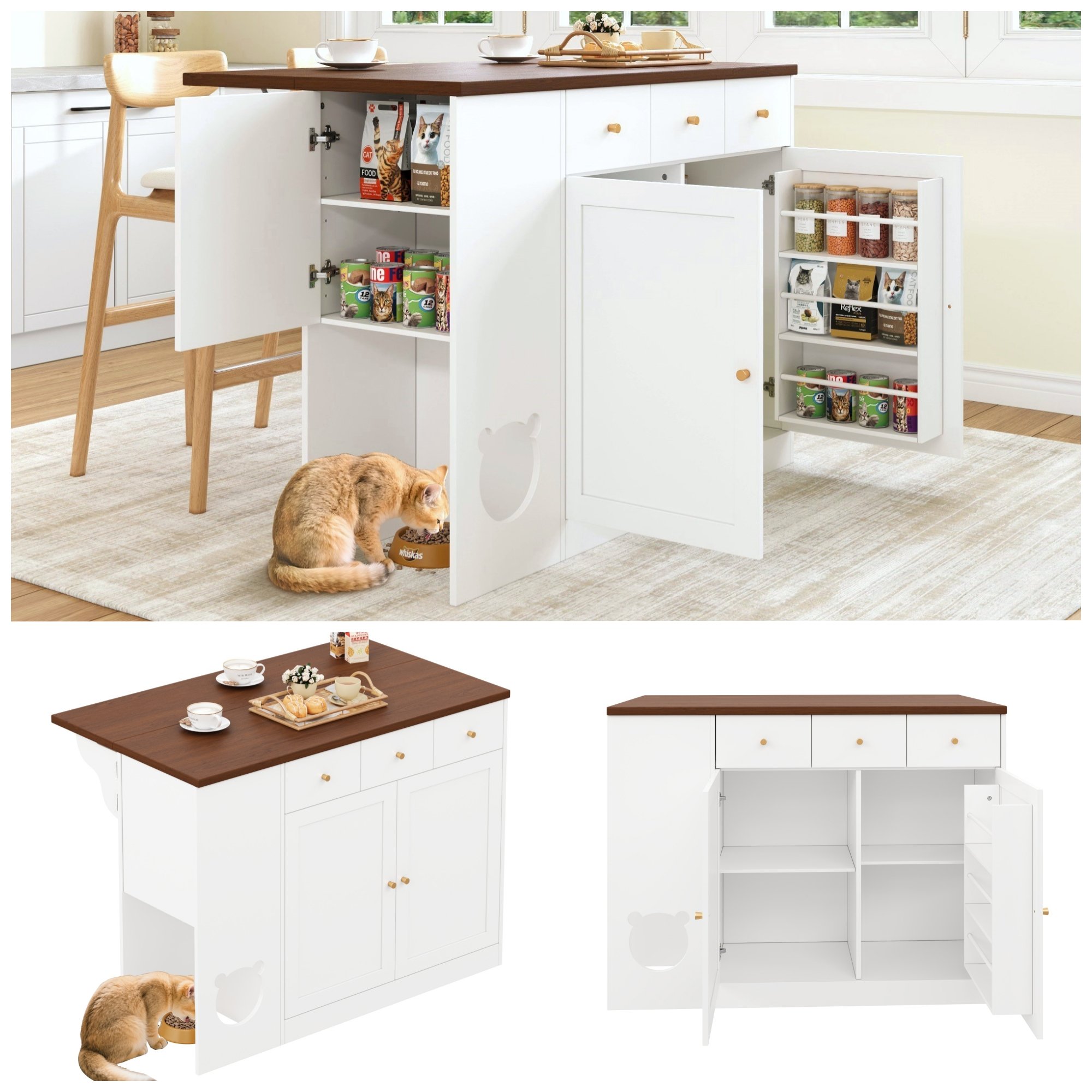 Îlot de cuisine 120x70 cm en Panneau composite de fibres de bois à densité blanc et noyer avec rangements, plan de travail extensible et zone animaux