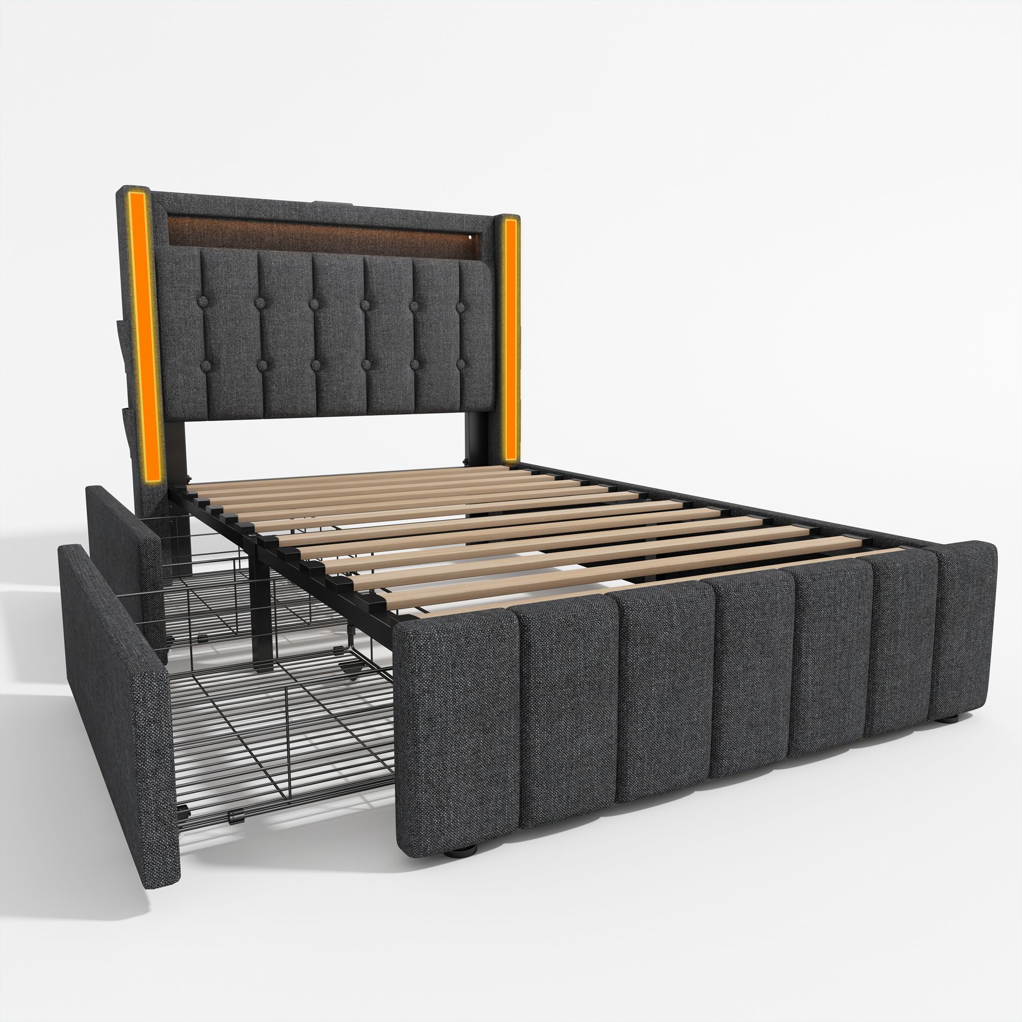 Lit LED 90x200 avec matelas, lit coffre gris rembourré avec sommier à lattes et tiroirs de rangement