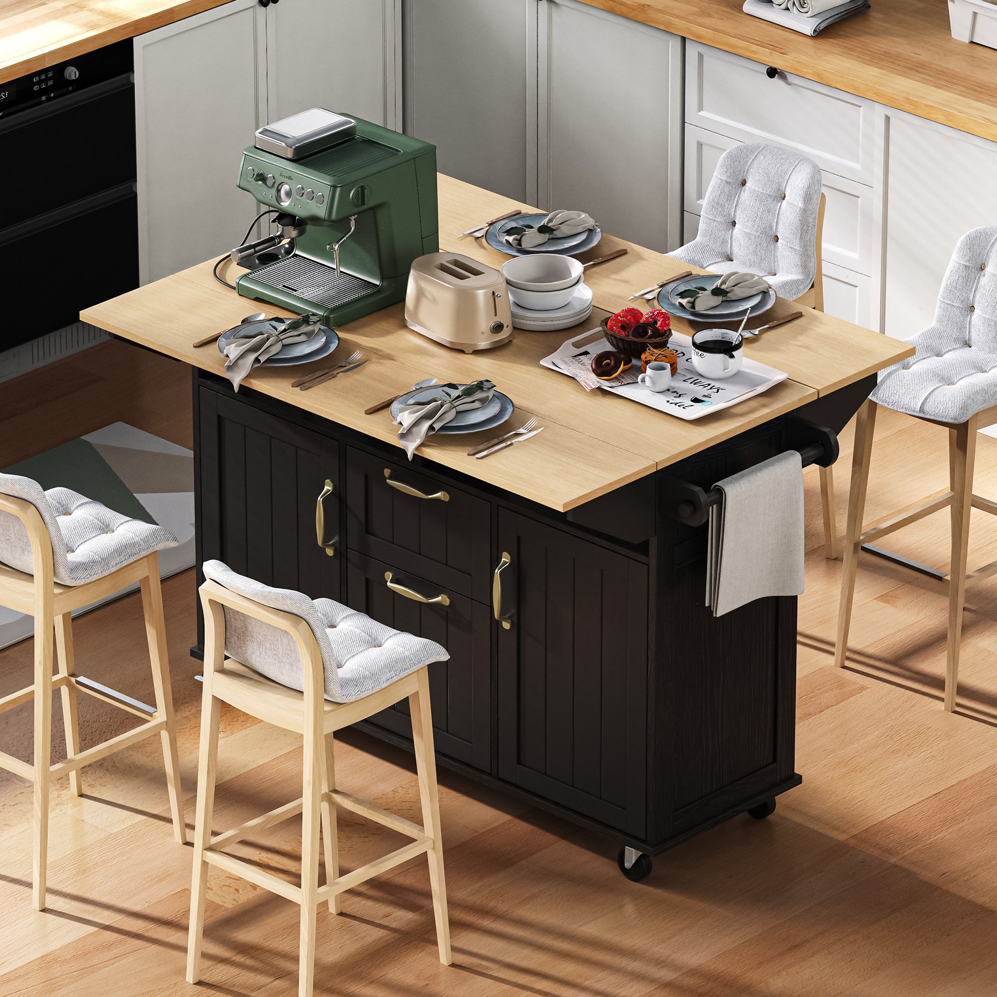 Îlot de cuisine en Panneau composite de fibres de bois à densité et panneaux de particules, avec plan de travail extensible 120 cm, roulettes et rangements, noir et bois