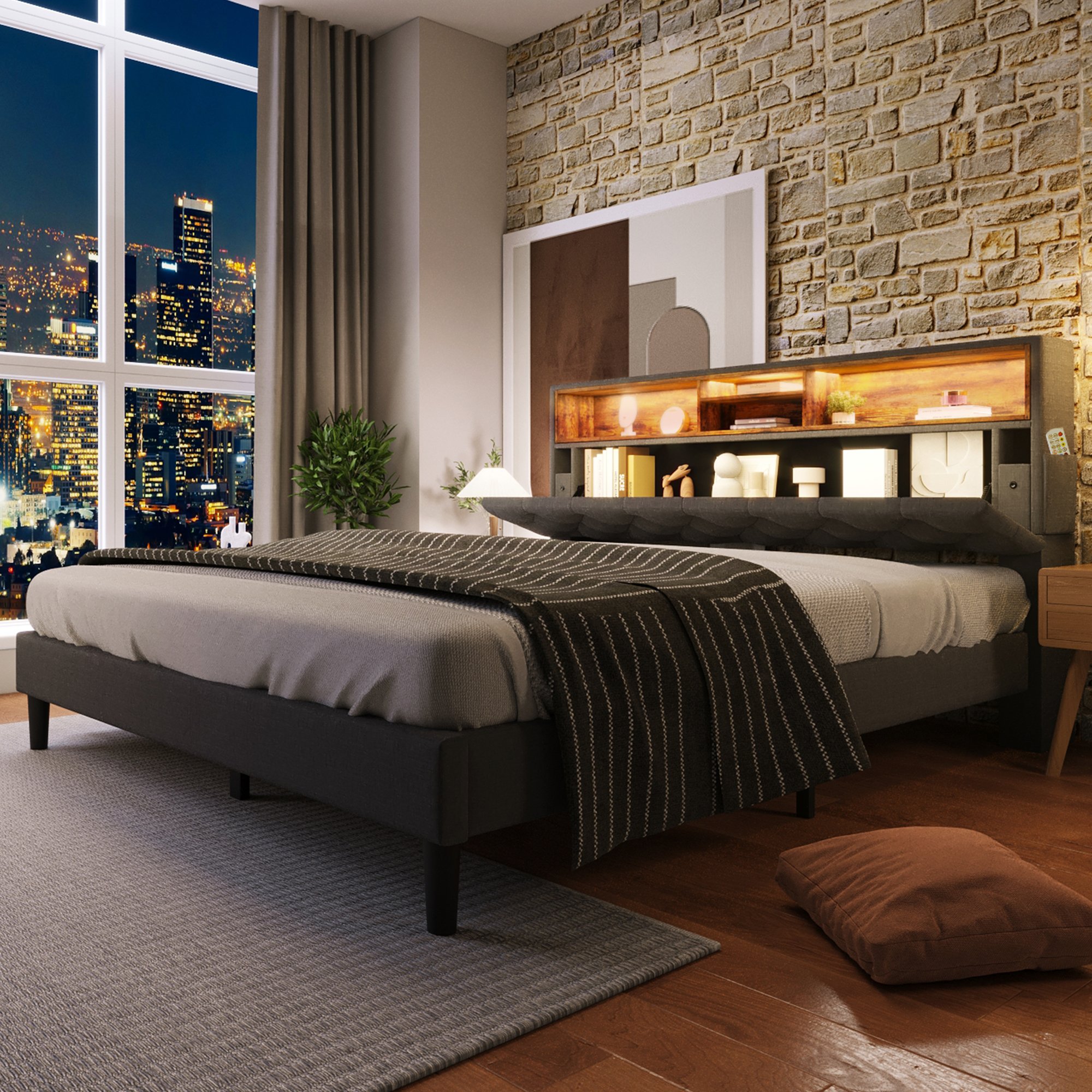 lit coffre double 140x200 avec rangement tête de lit rembourrée et LED musicale intégrée gris bois massif