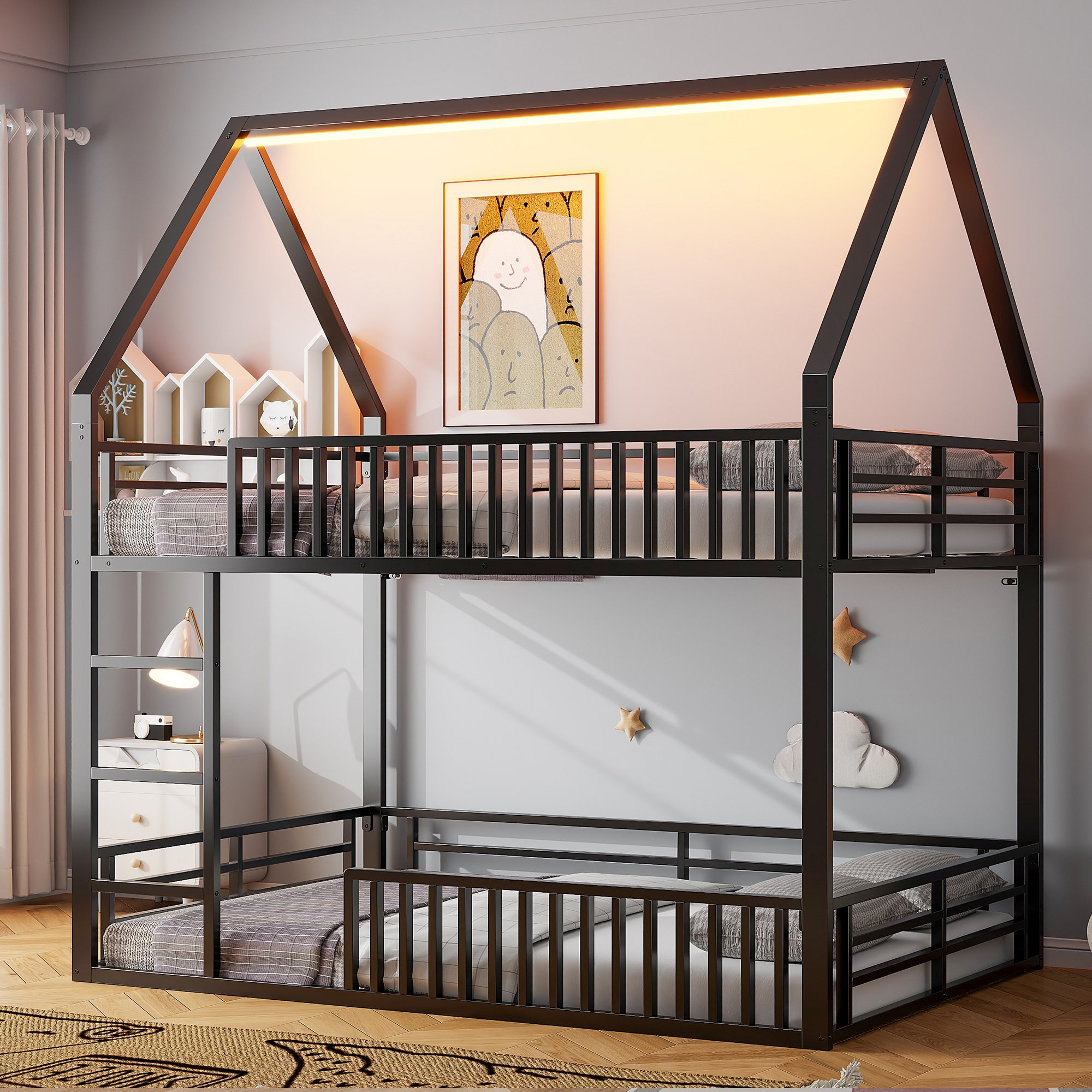 Lit superposé 140x200 en métal noir avec LED et garde-corps, lit maison pour enfant