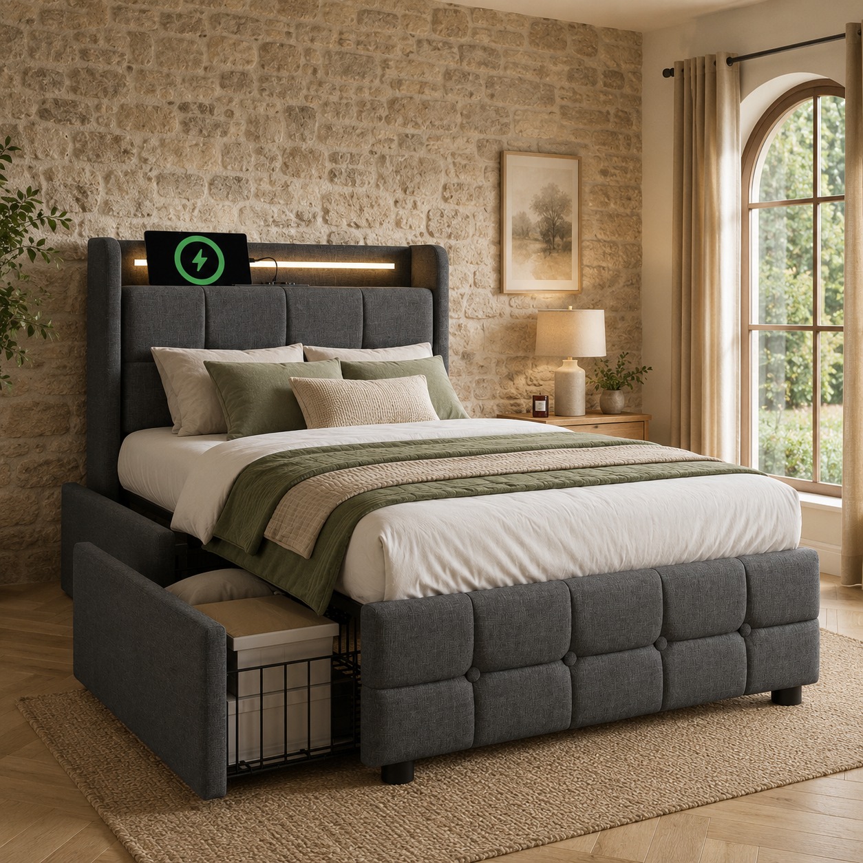 Lit coffre 90x200 avec LED, USB et prises électriques, cadre de lit simple avec 2 tiroirs de rangement gris