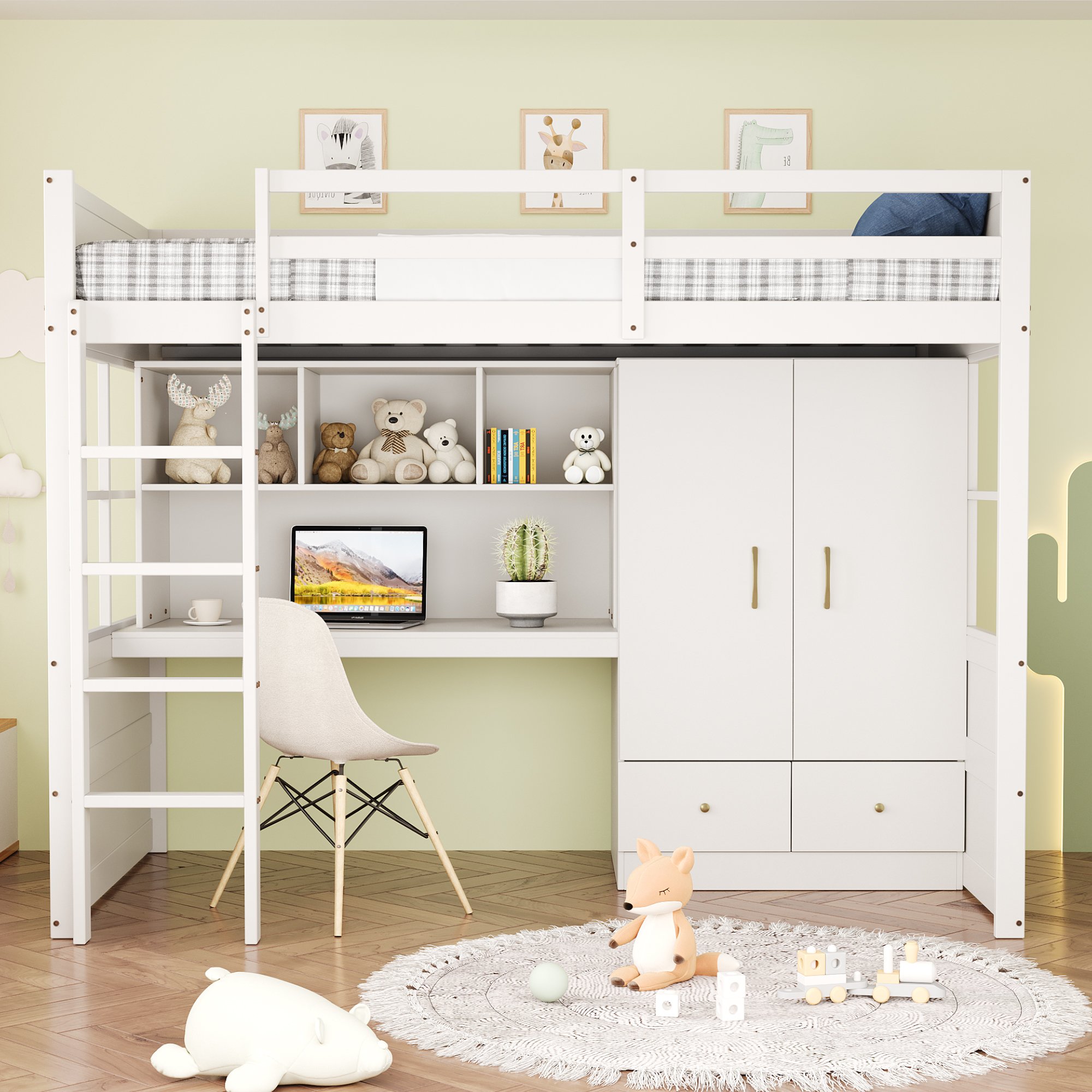 Lit mezzanine 90x200 blanc avec bureau, rangement et échelle - Lit enfant et ado