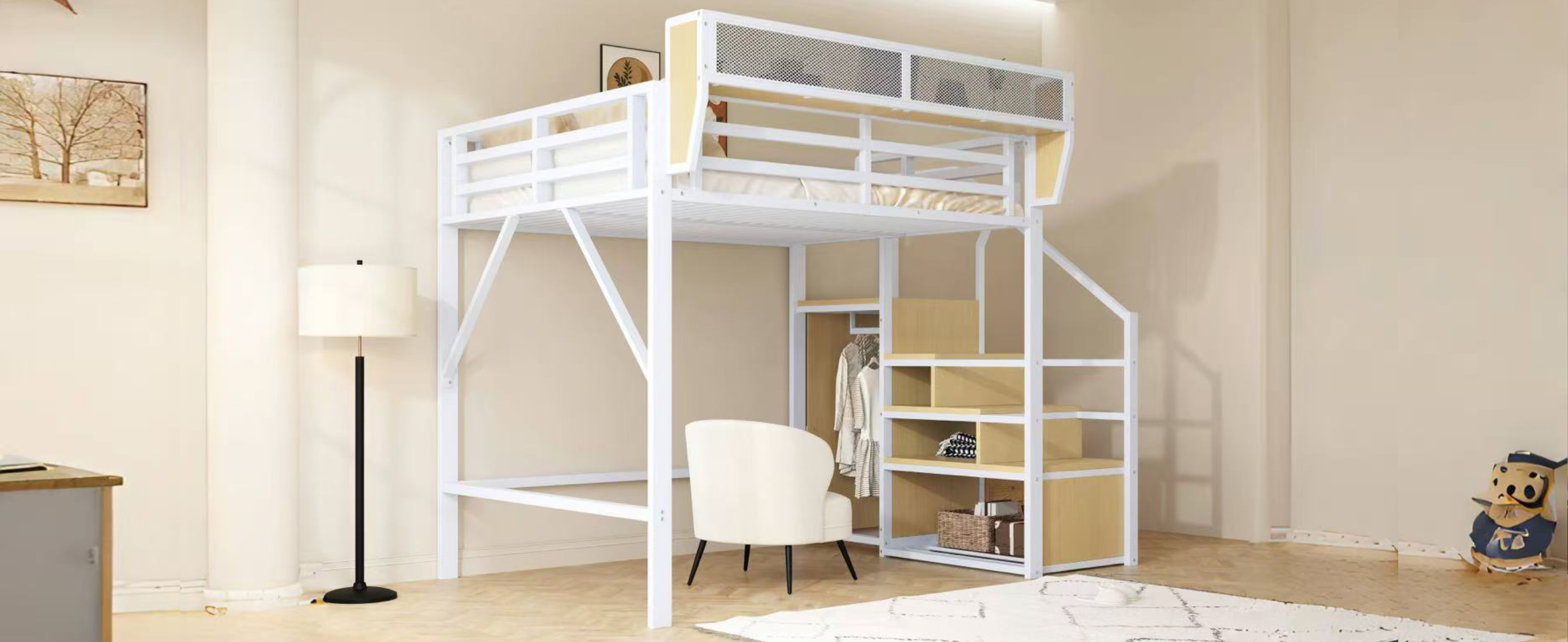 Lit mezzanine 140x200 avec échelle de sécurité et rangement, métal blanc, pour petit espace