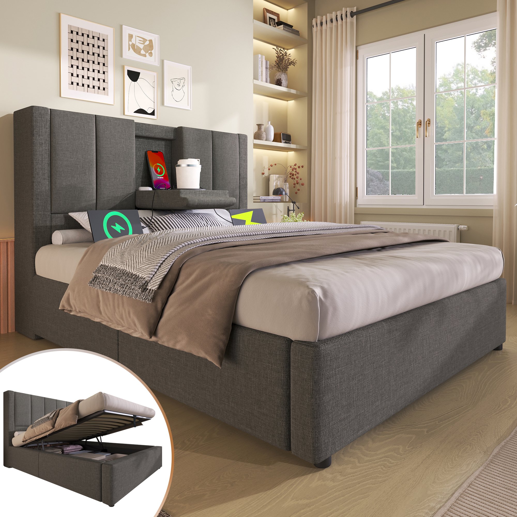 lit coffre 90x200 gris avec matelas 7 zones, station charge USB Type-C et porte-gobelet intégré, rangement sous lit