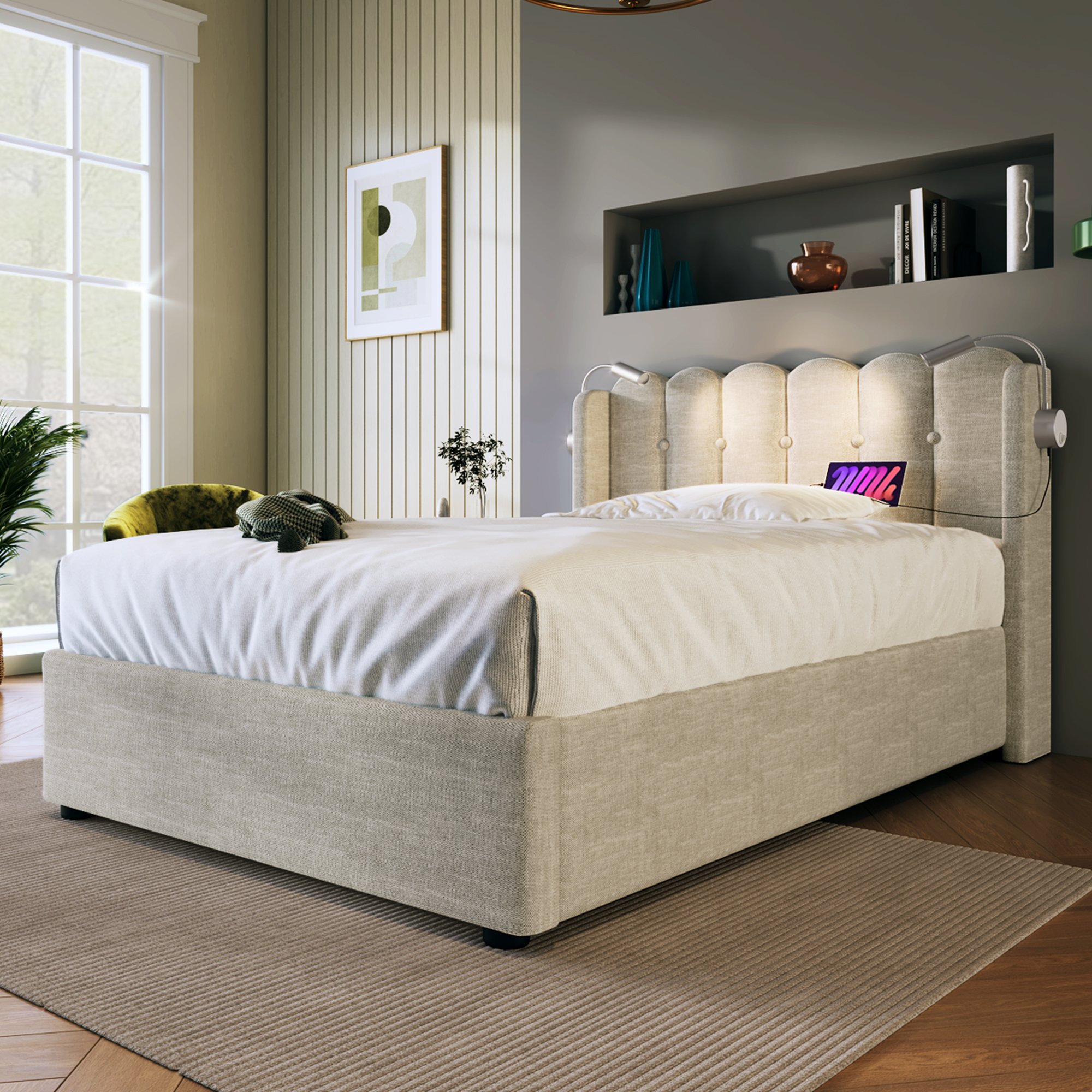lit coffre 90x200 avec LED et USB, lit une place en lin beige avec coffre de rangement et sommier à lattes