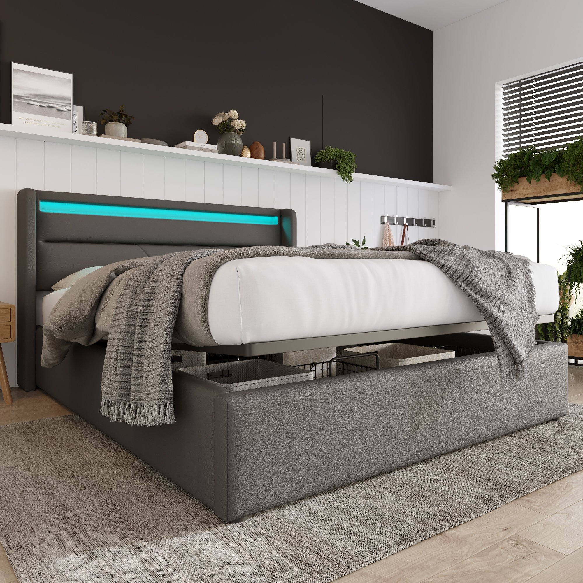 Lit coffre 140x200 avec matelas, lit double gris rembourré avec LED et rangement hydraulique
