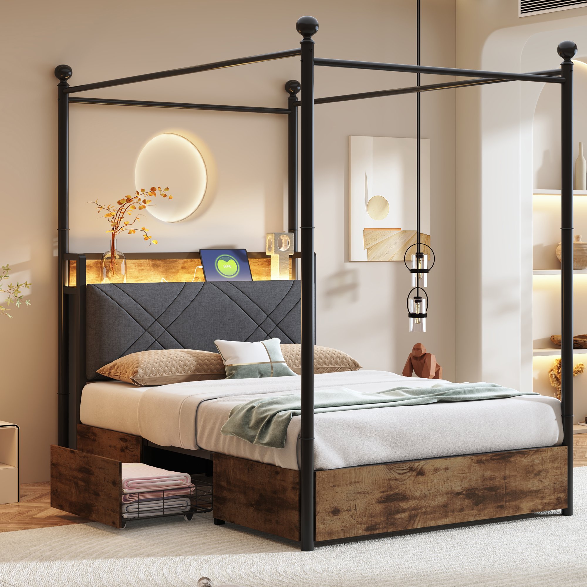 Lit coffre 90x190 en métal et bois avec tête de lit rembourrée et rangement
