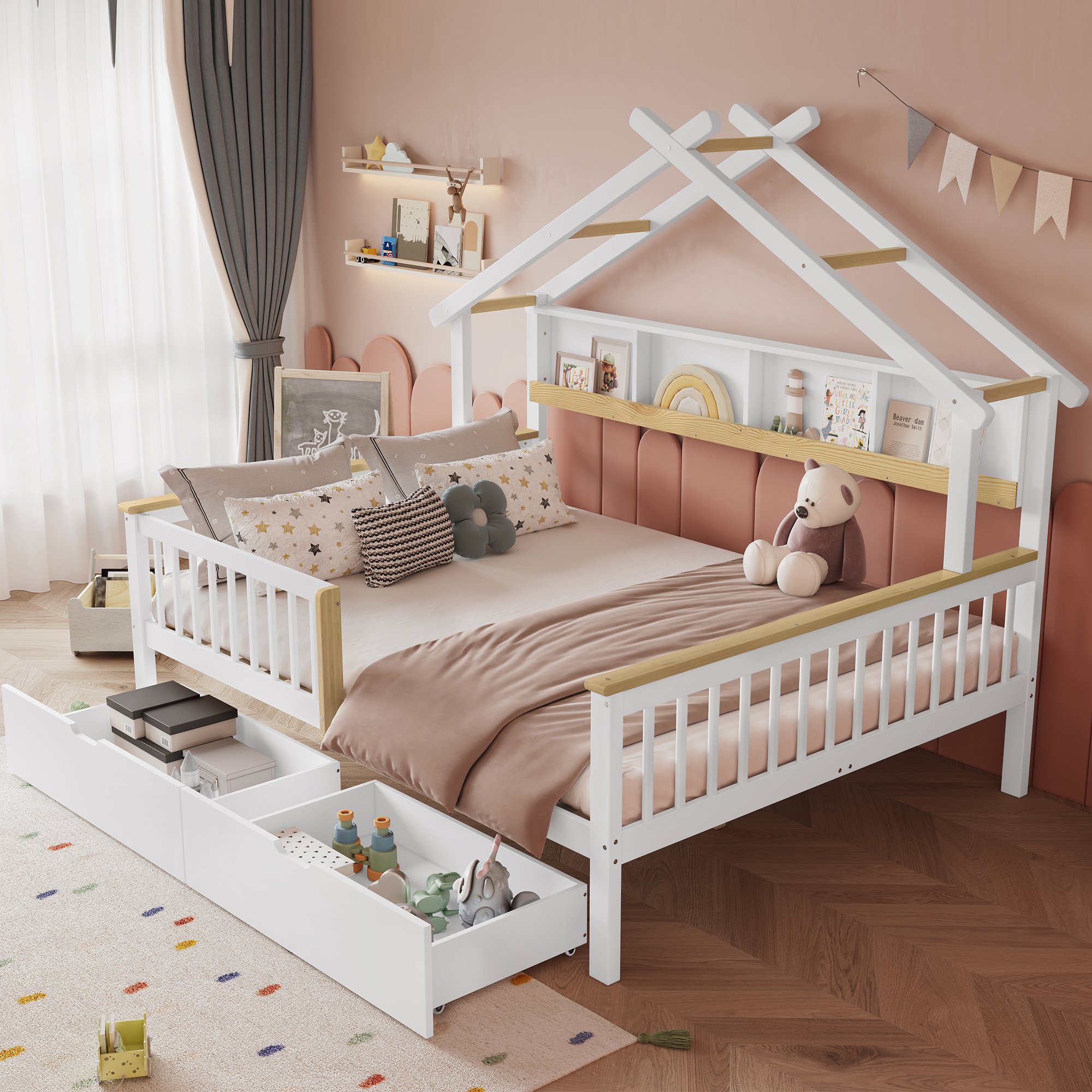 Lit enfant avec rangement et barrière de sécurité, 140x200, deux tiroirs à roulettes, design maison