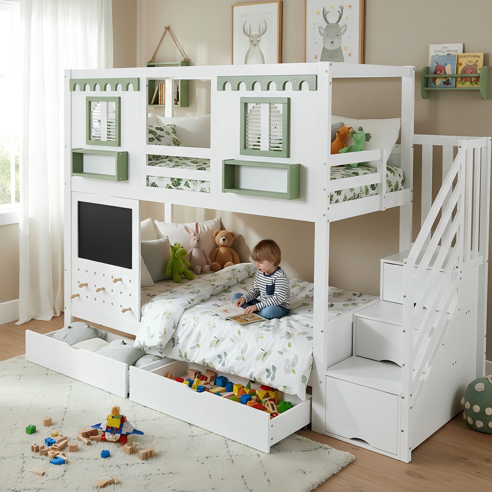 Lit superposé enfant 90x200 avec rangement, échelle et tiroirs, blanc et vert