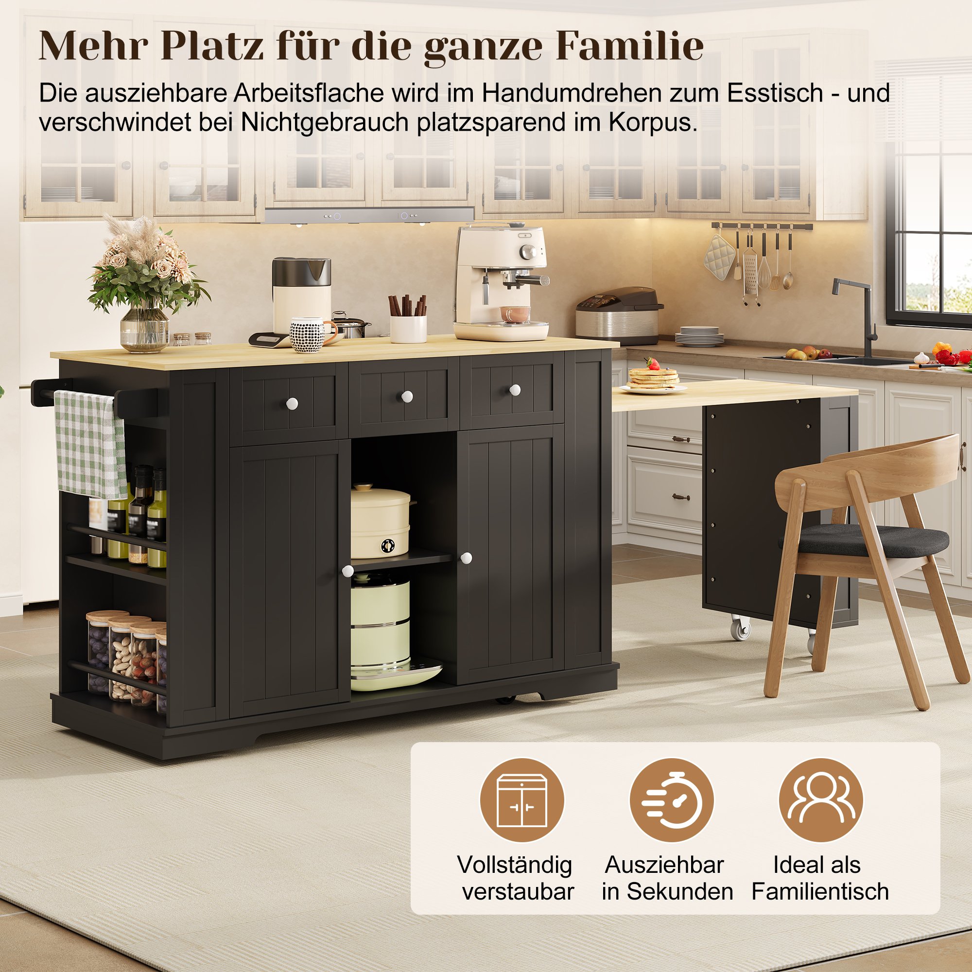 Îlot de cuisine 138x55x93 cm avec table extensible, rangement, 7 roulettes et prises, noir et bois