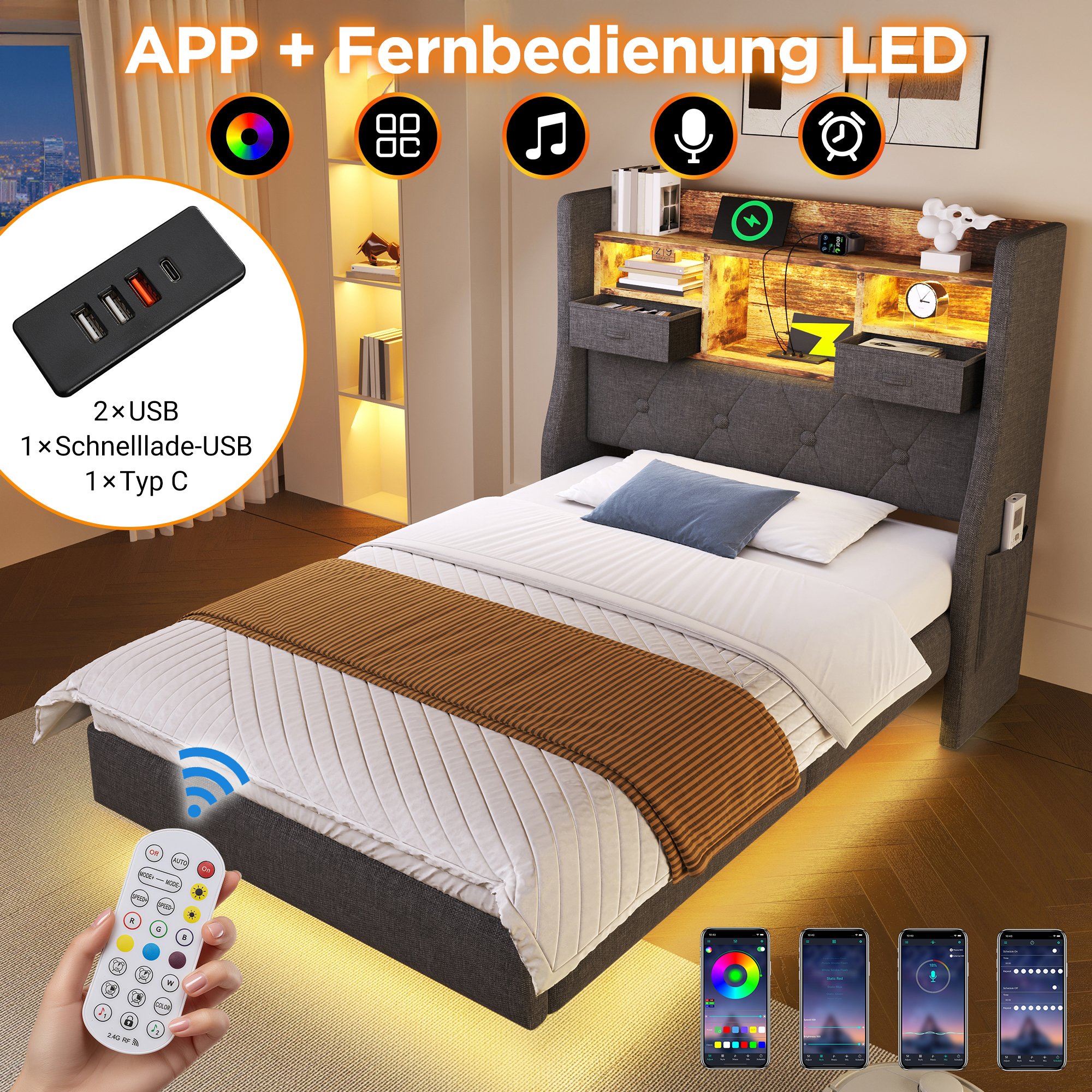 Lit LED 90x200 avec matelas et coffrage : lit coffre gris en lin avec USB, Type-C et sommier à lattes