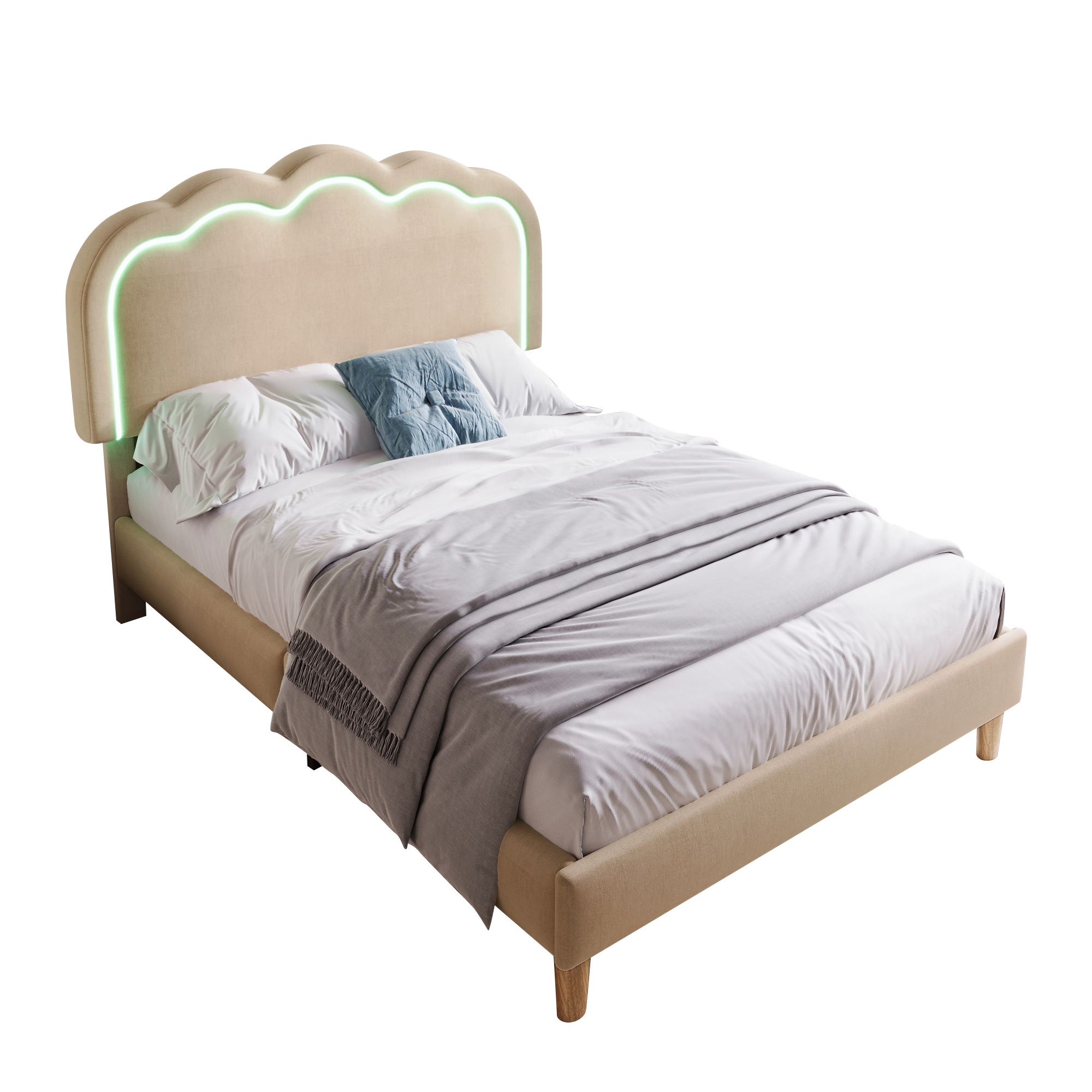 Lit LED 90x200 avec sommier à lattes, lit beige en tissu lin avec tête de lit rembourrée et réglable