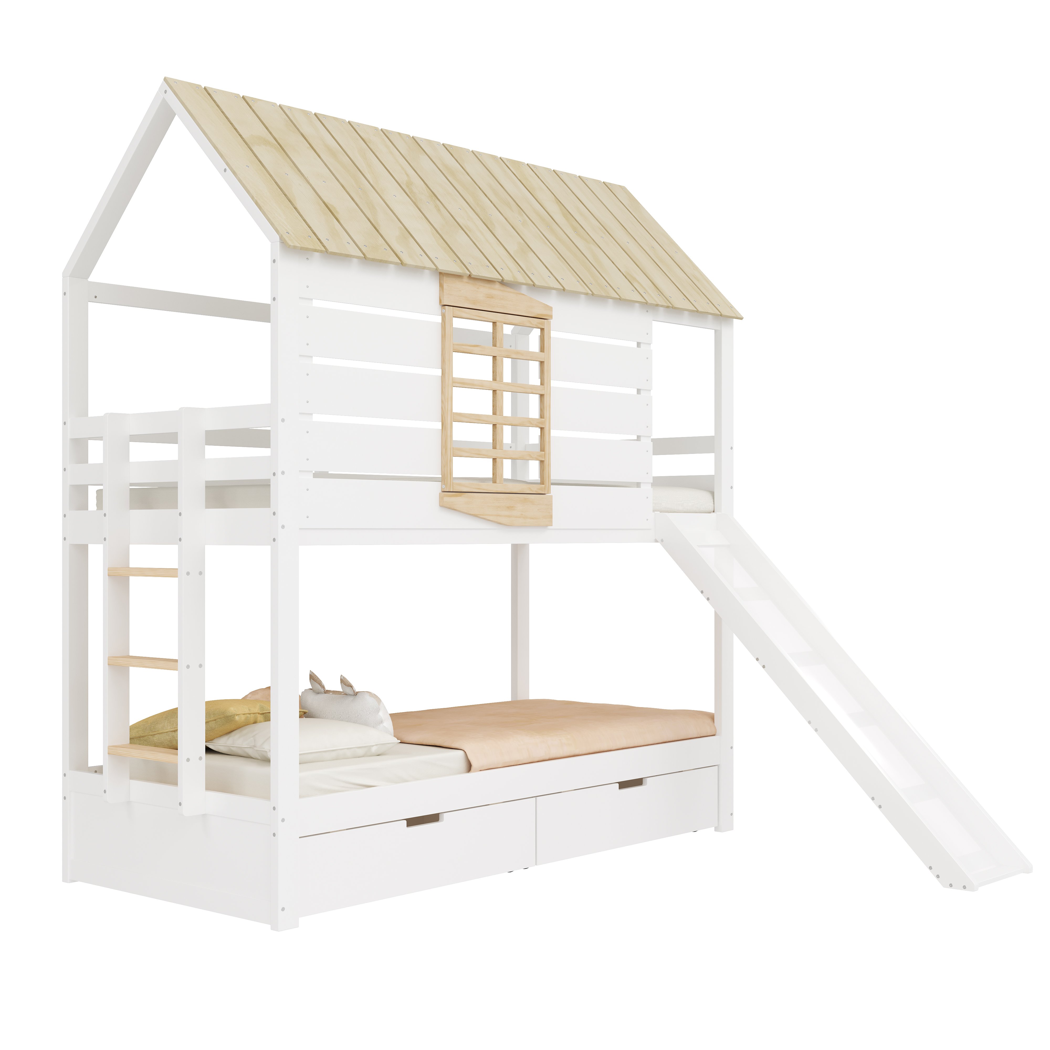 Lit superposé 90x200 blanc et naturel avec toboggan et 2 tiroirs