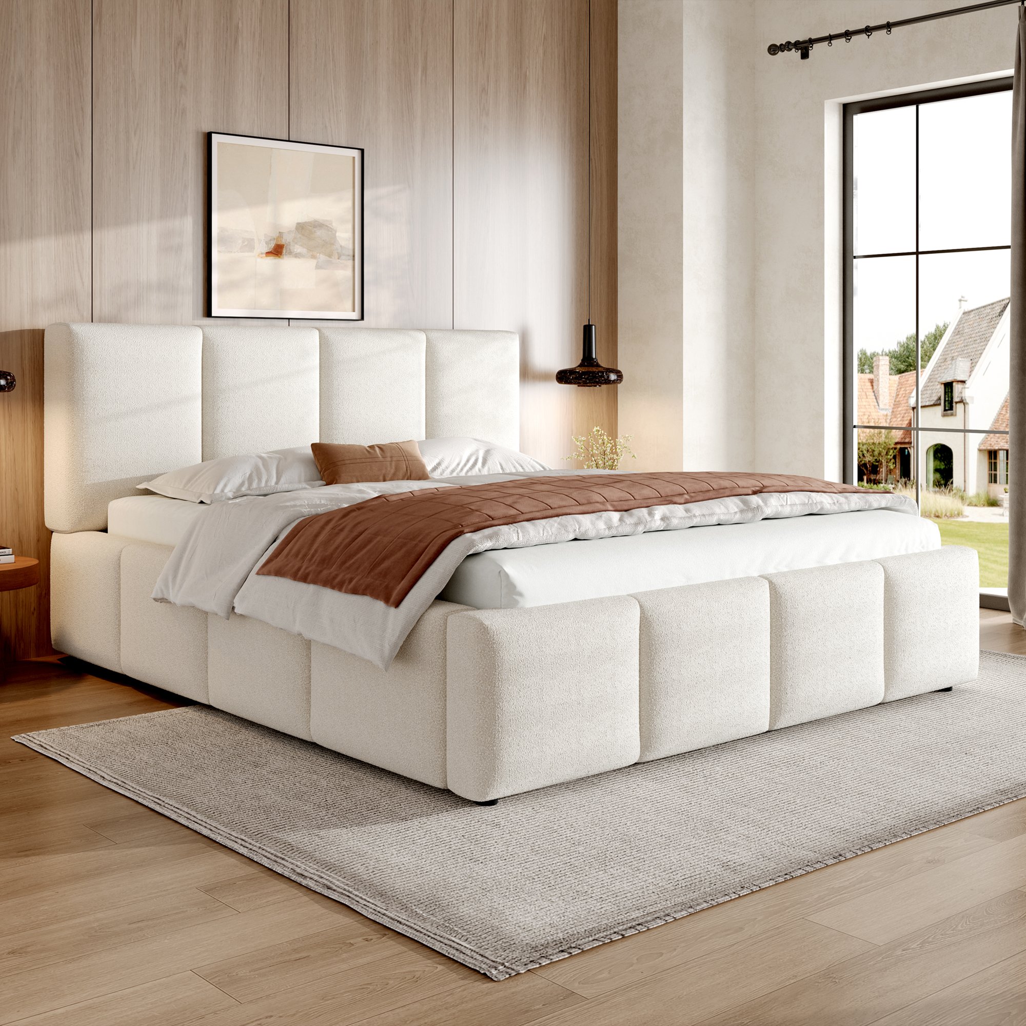 Lit double rembourré 160x200 bouclé beige, tête de lit sécurisée fermée, structure stable pour matelas standard, montage facile