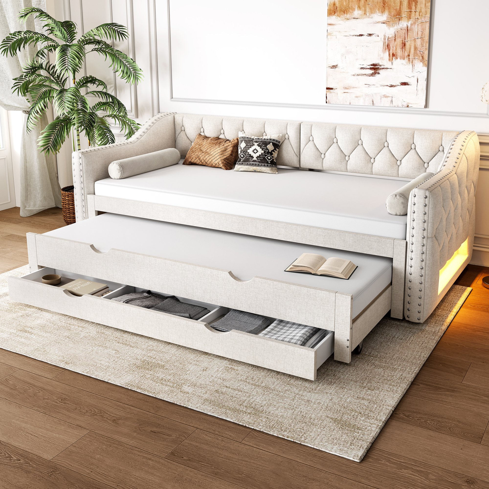 Lit gigogne 90x200 avec LED et tiroirs, beige, rembourré, pour petit espace