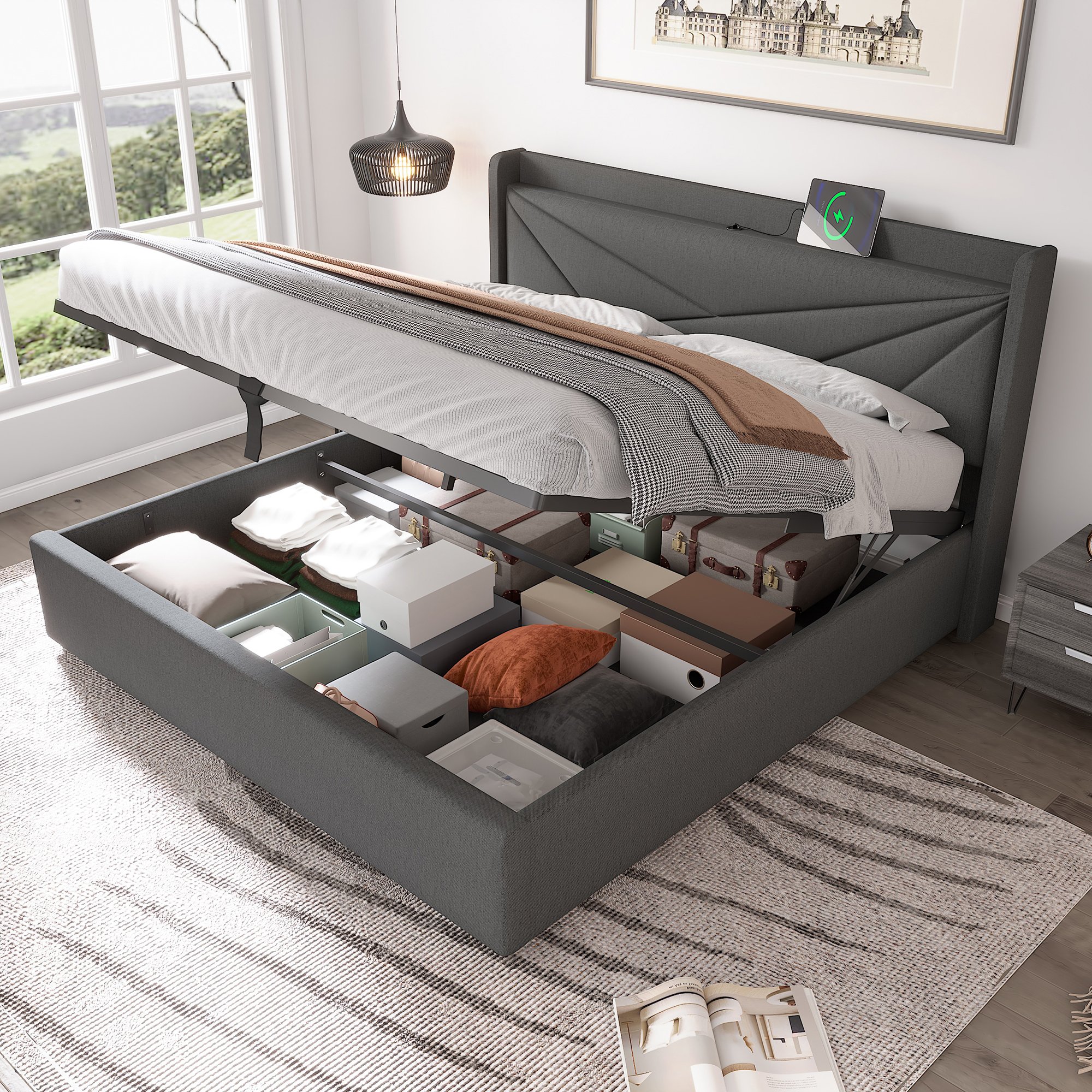 lit coffre double 140x200 gris, lit avec rangement sous le couchage et tête de lit rembourrée USB Type-C, sans matelas