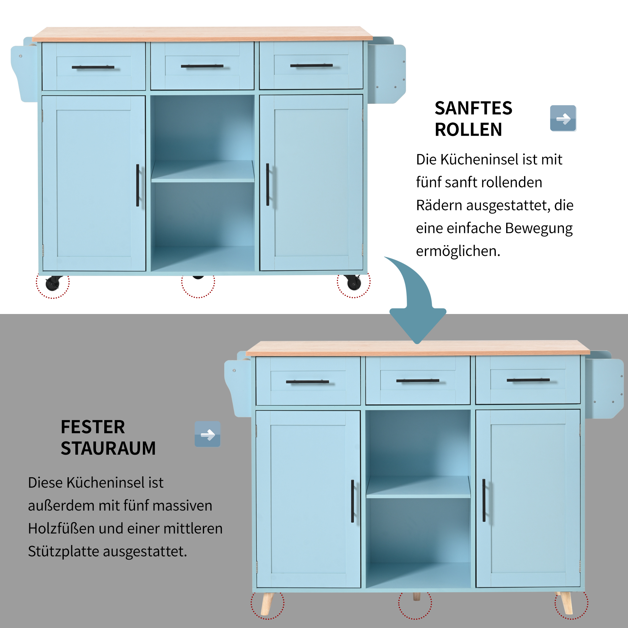 Roulettes et pieds en bois interchangeables