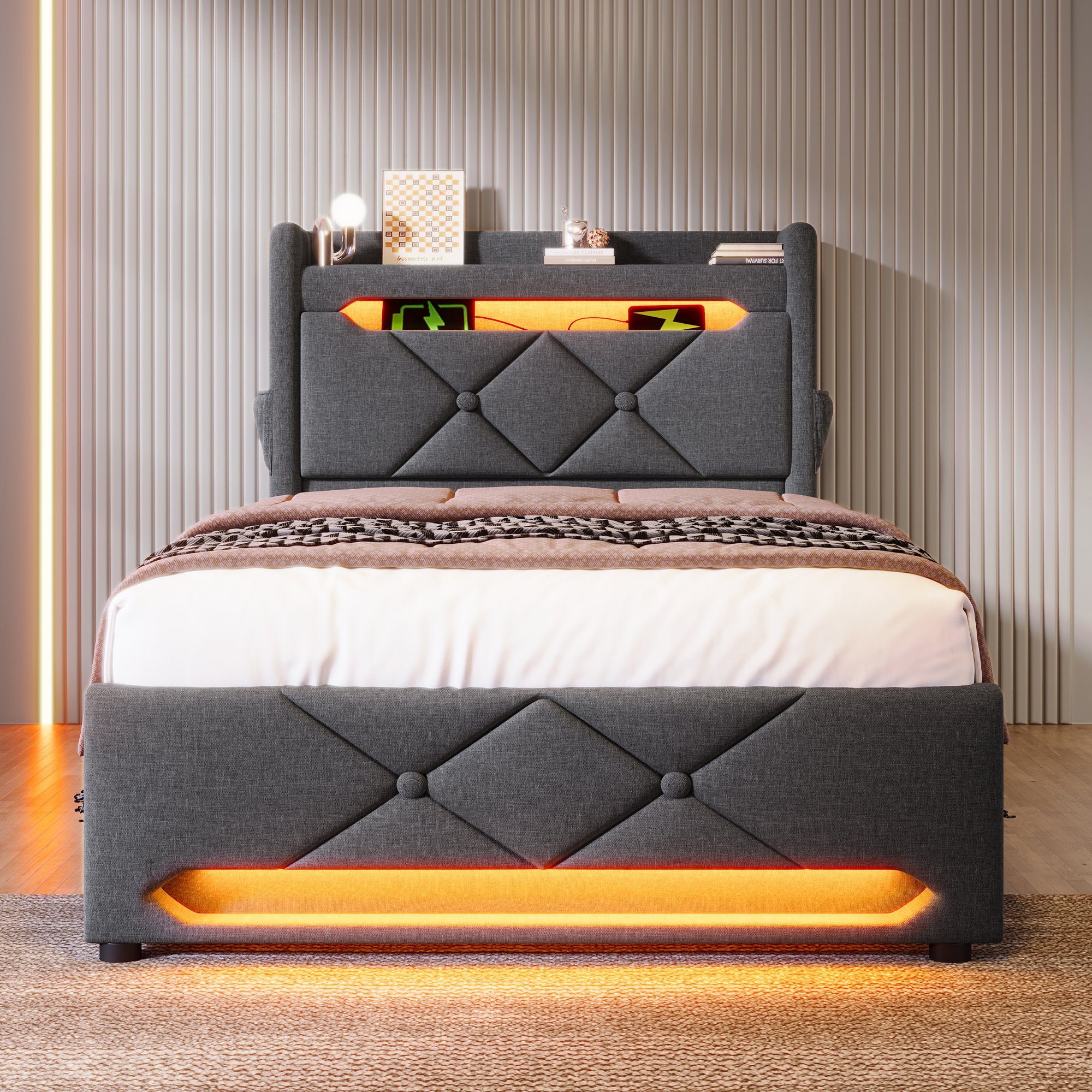 lit coffre 90x200 pour chambre adulte, cadre de lit gris avec LED, USB, rangement sous matelas et poches latérales