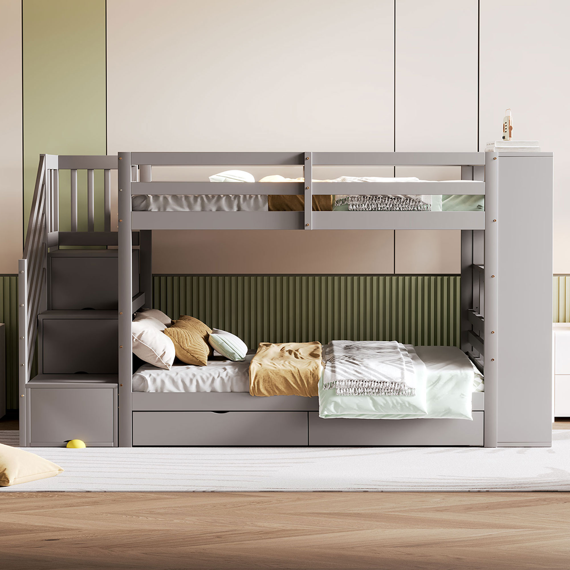 Lit superposé 90x200 cm avec rangements, tiroirs et grands placards, pour enfant et adolescent
