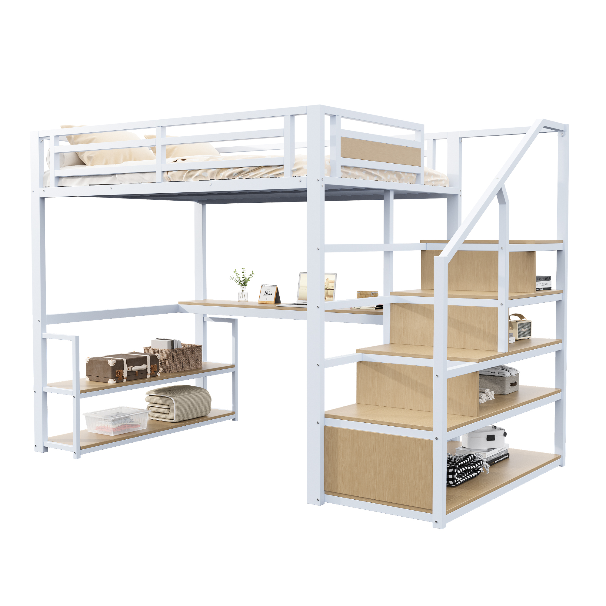 Lit mezzanine 140x200 en métal robuste, structure en fer avec garde-corps, échelle de rangement et bureau, blanc