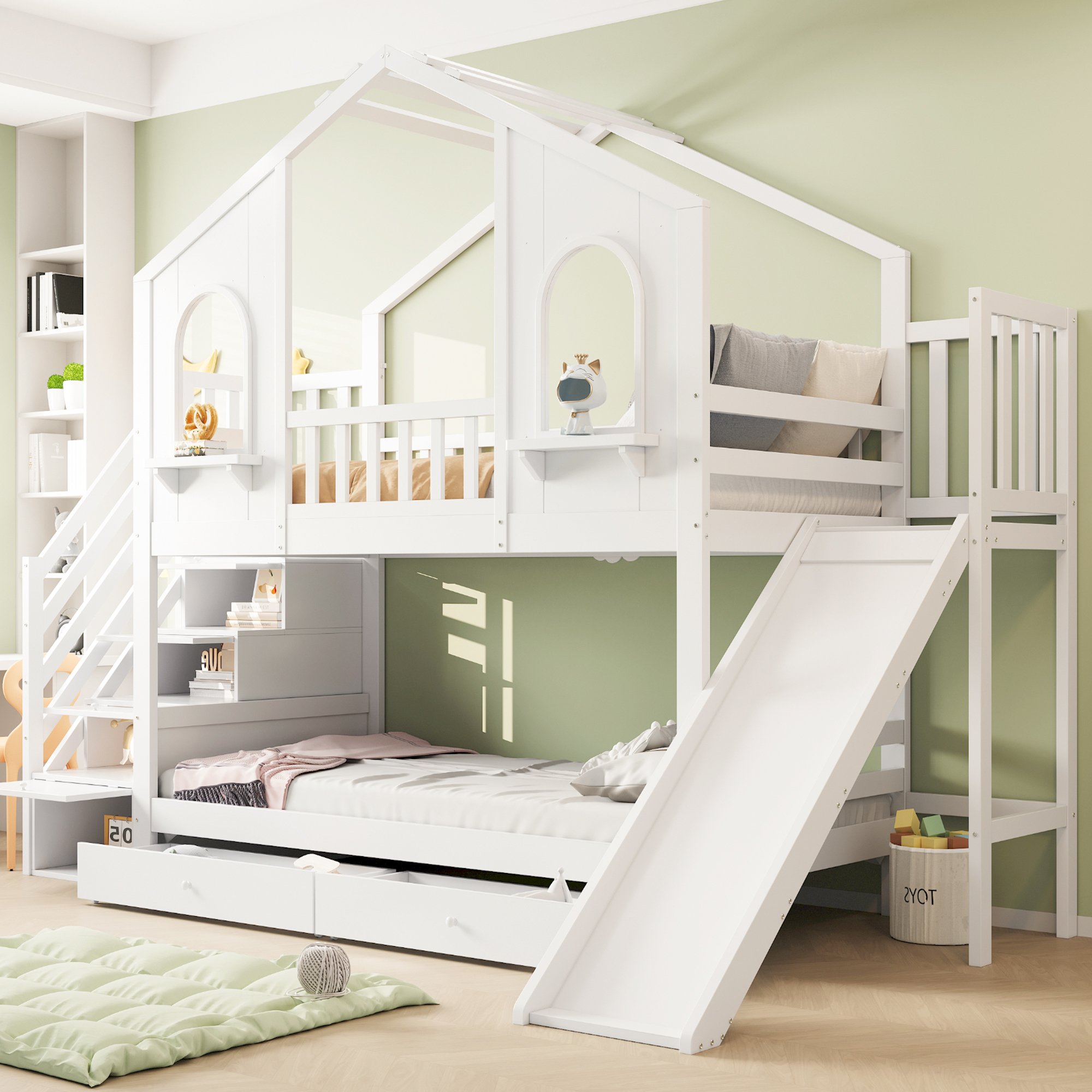 Lit superposé 90x200 avec rangements, toboggan et échelle, pour chambre d'enfant