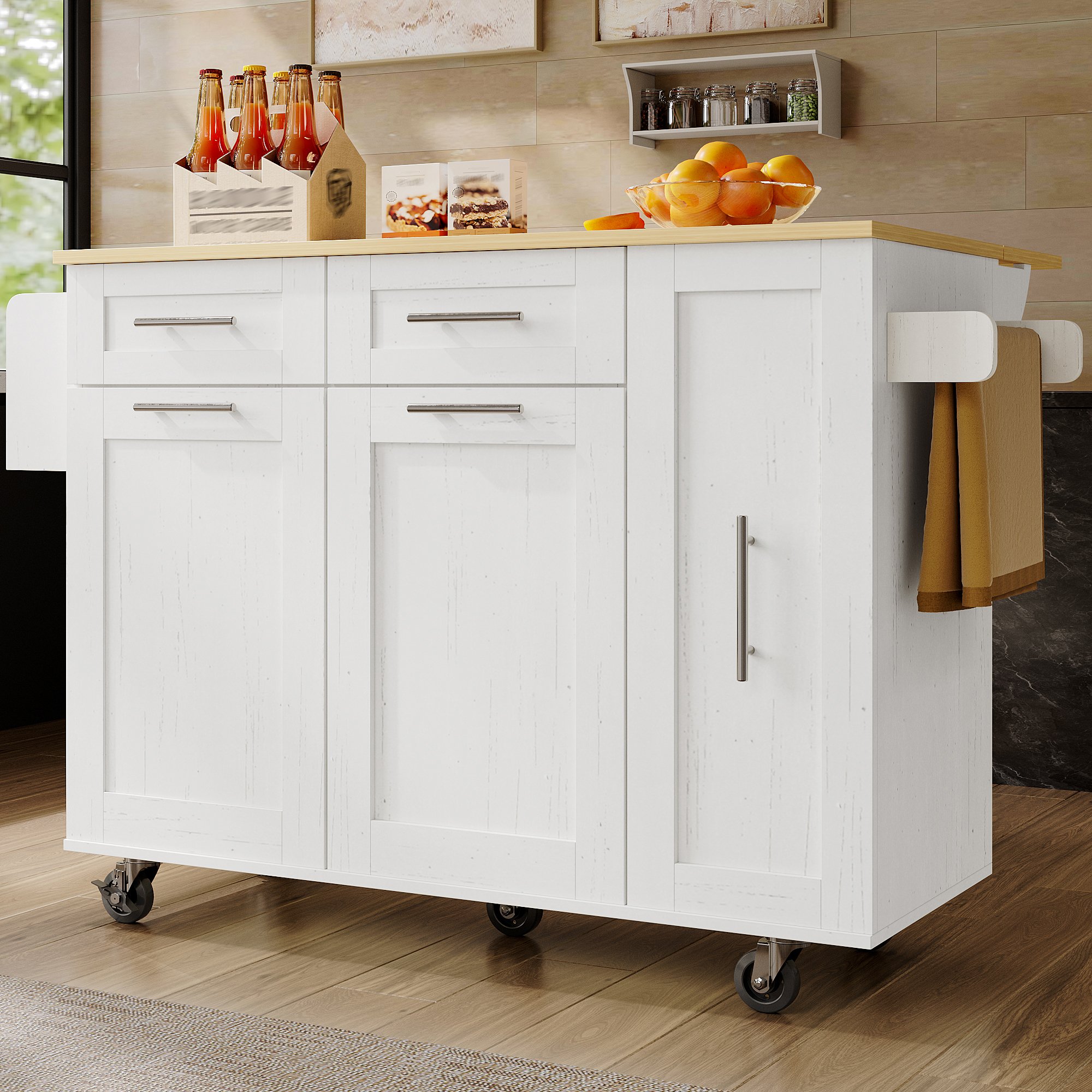 Îlot de cuisine avec rangement extensible, table escamotable, roulettes, blanc, 110x46x90,5 cm