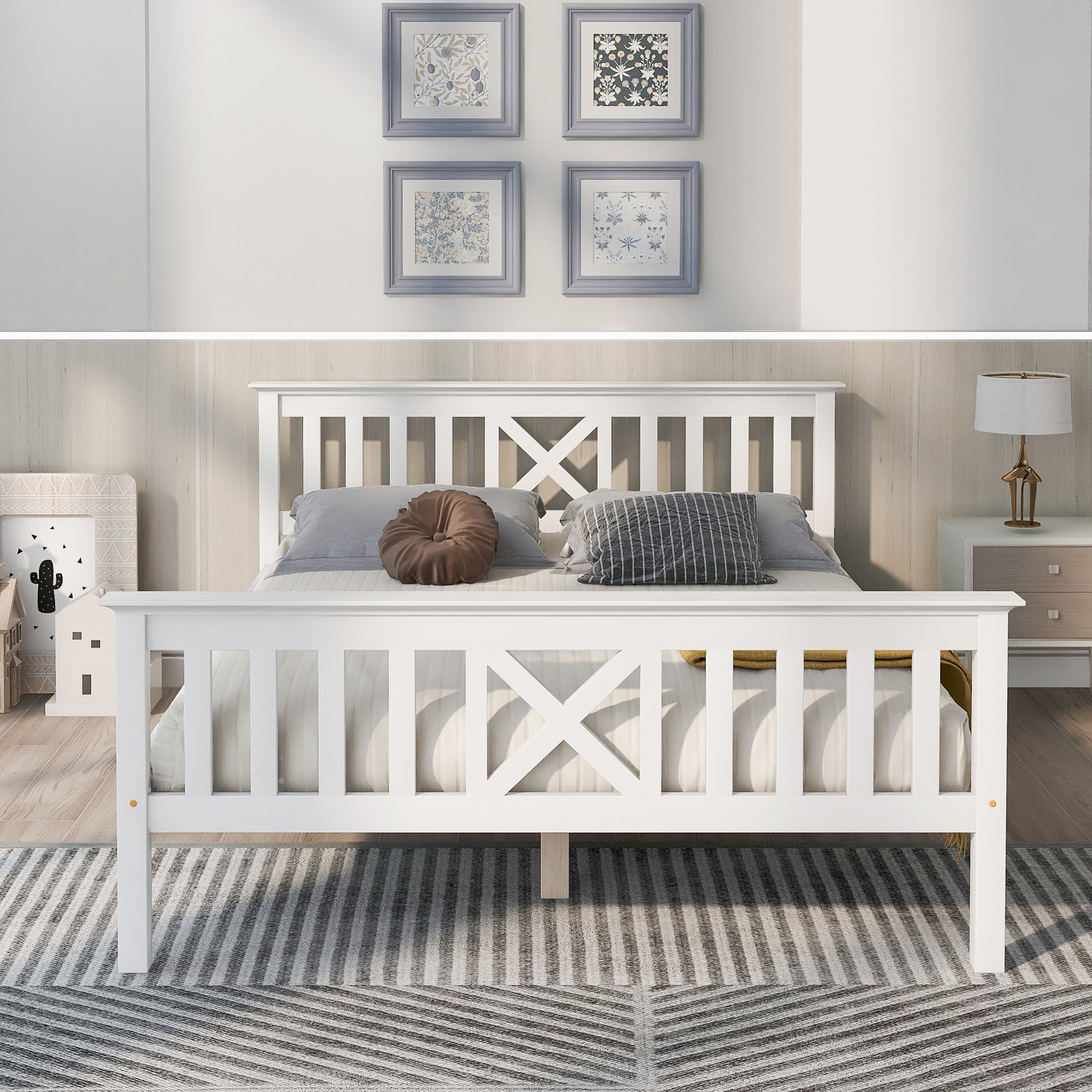 Lit double 140x200 en pin massif blanc avec tête de lit en X et sommier à lattes, cadre de lit robuste pour chambre adulte