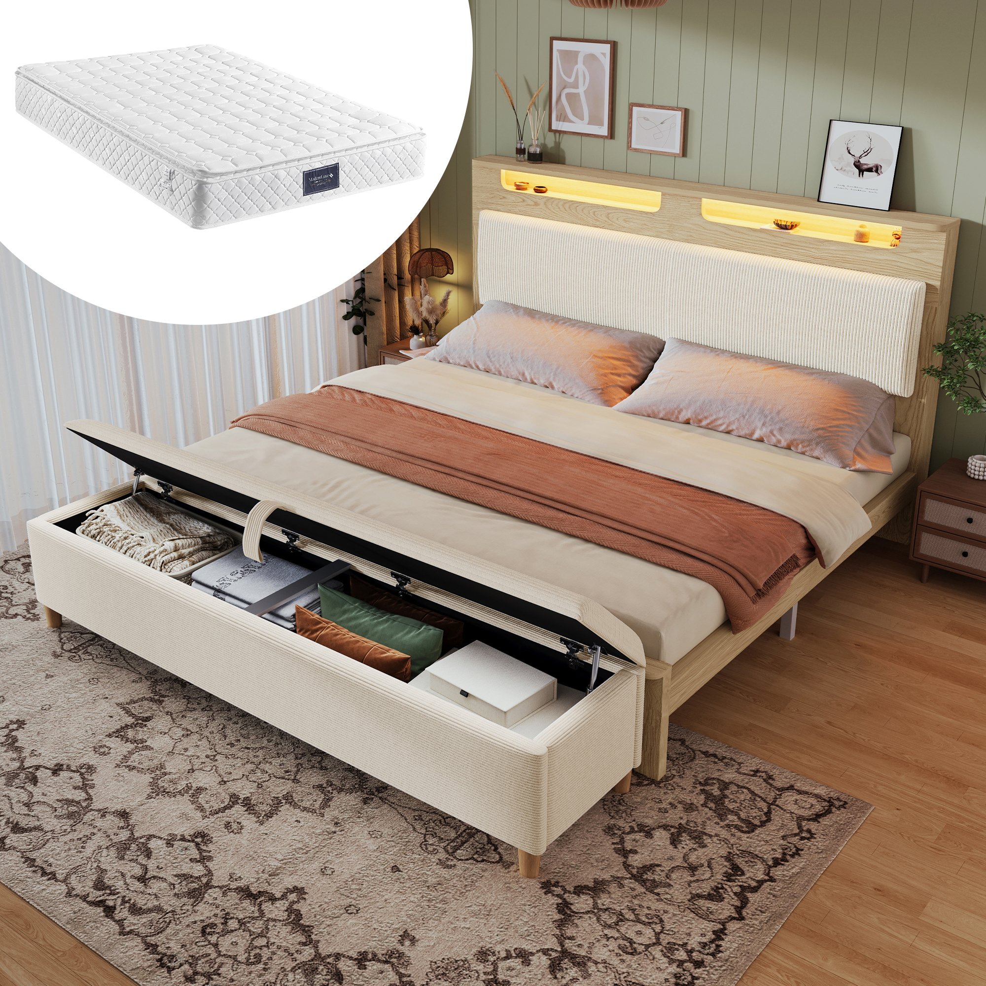 Lit coffre 140x200 structure chêne clair et tête de lit capitonnée corduroy beige, incluant matelas et banc de lit assorti