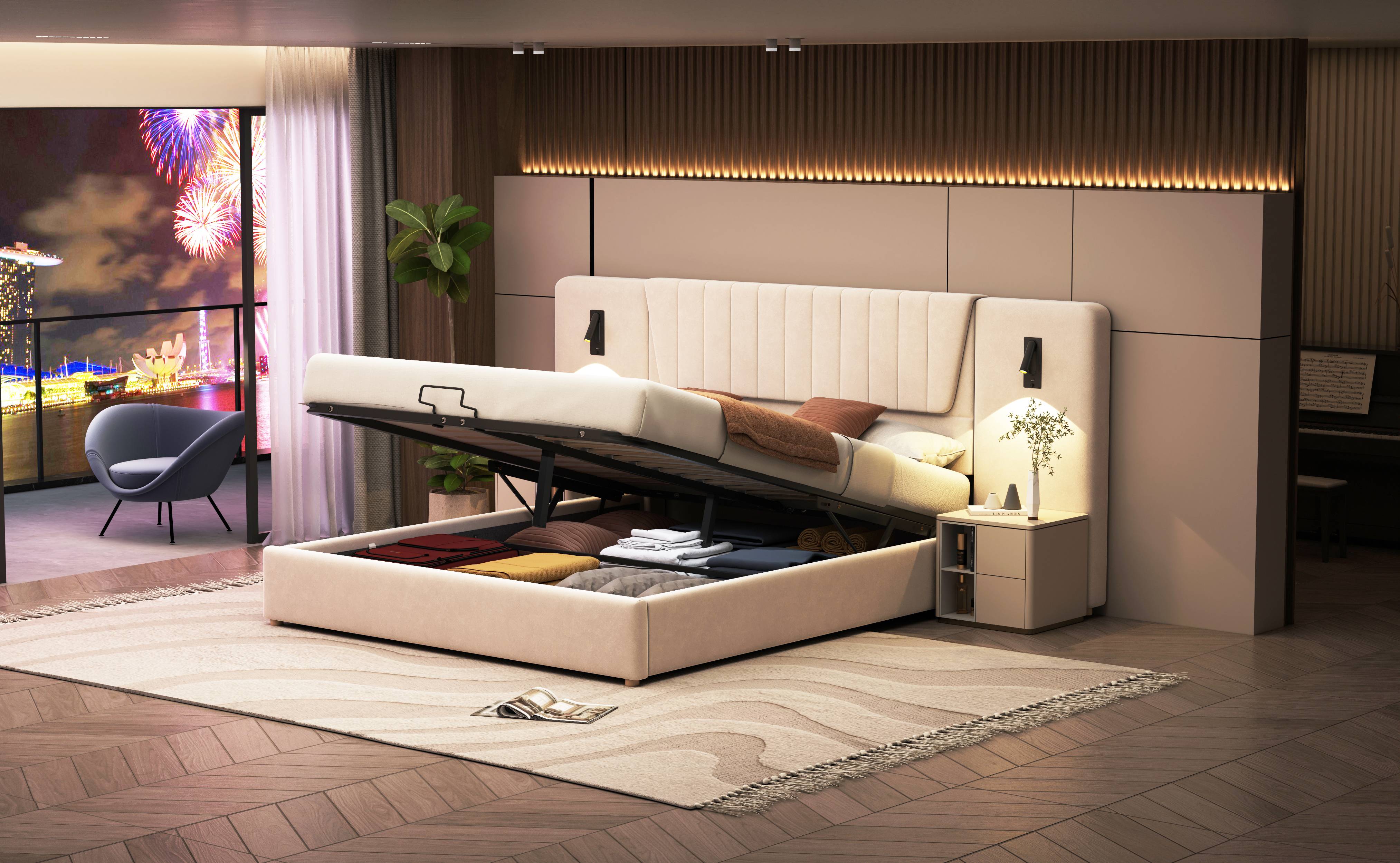 Lit coffre 180x200 en velours beige, structure métallique et sommier à lattes, rangement intégré