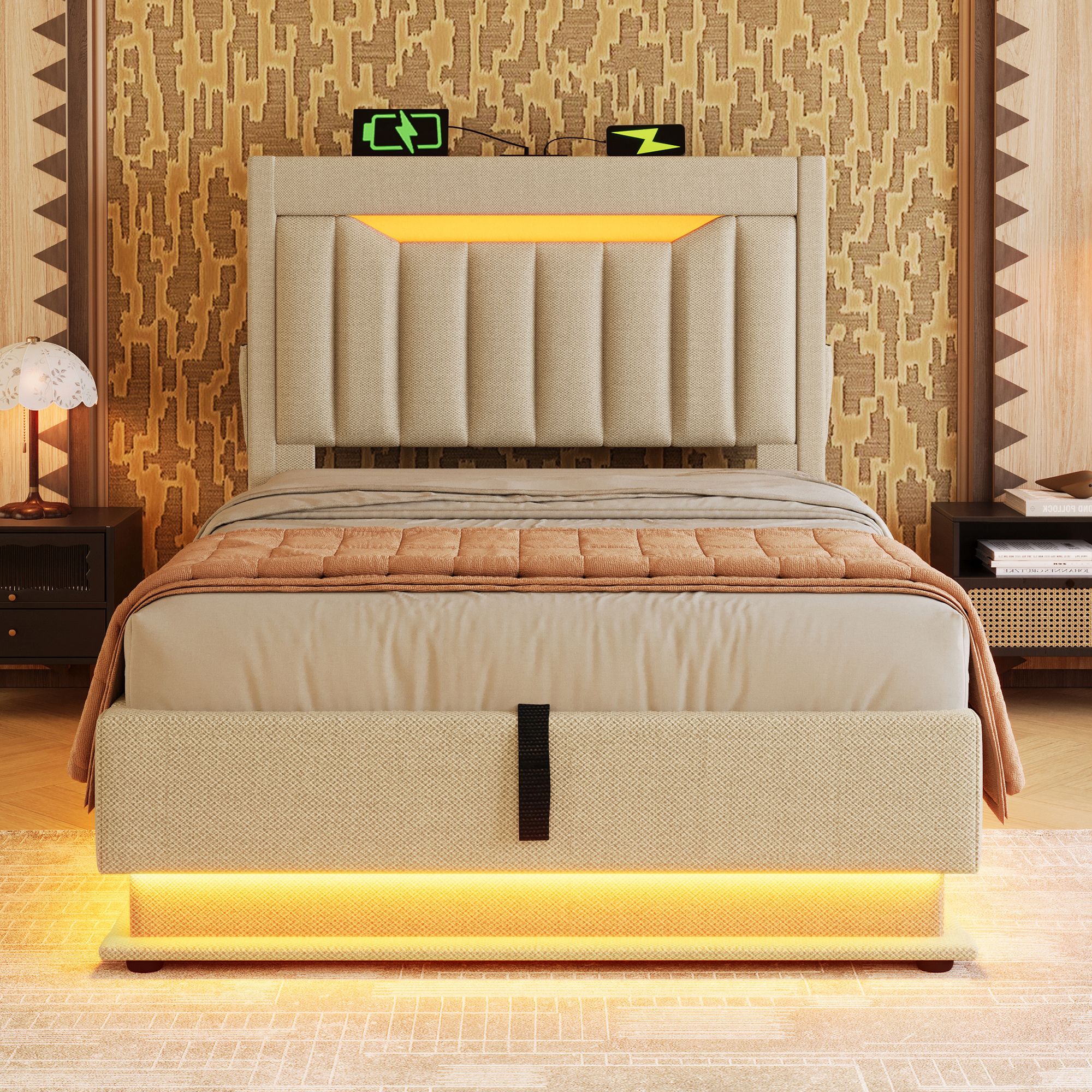 lit coffre 90x200 cm pour chambre adulte, cadre de lit rembourré beige avec coffres de rangement latéraux et éclairage LED